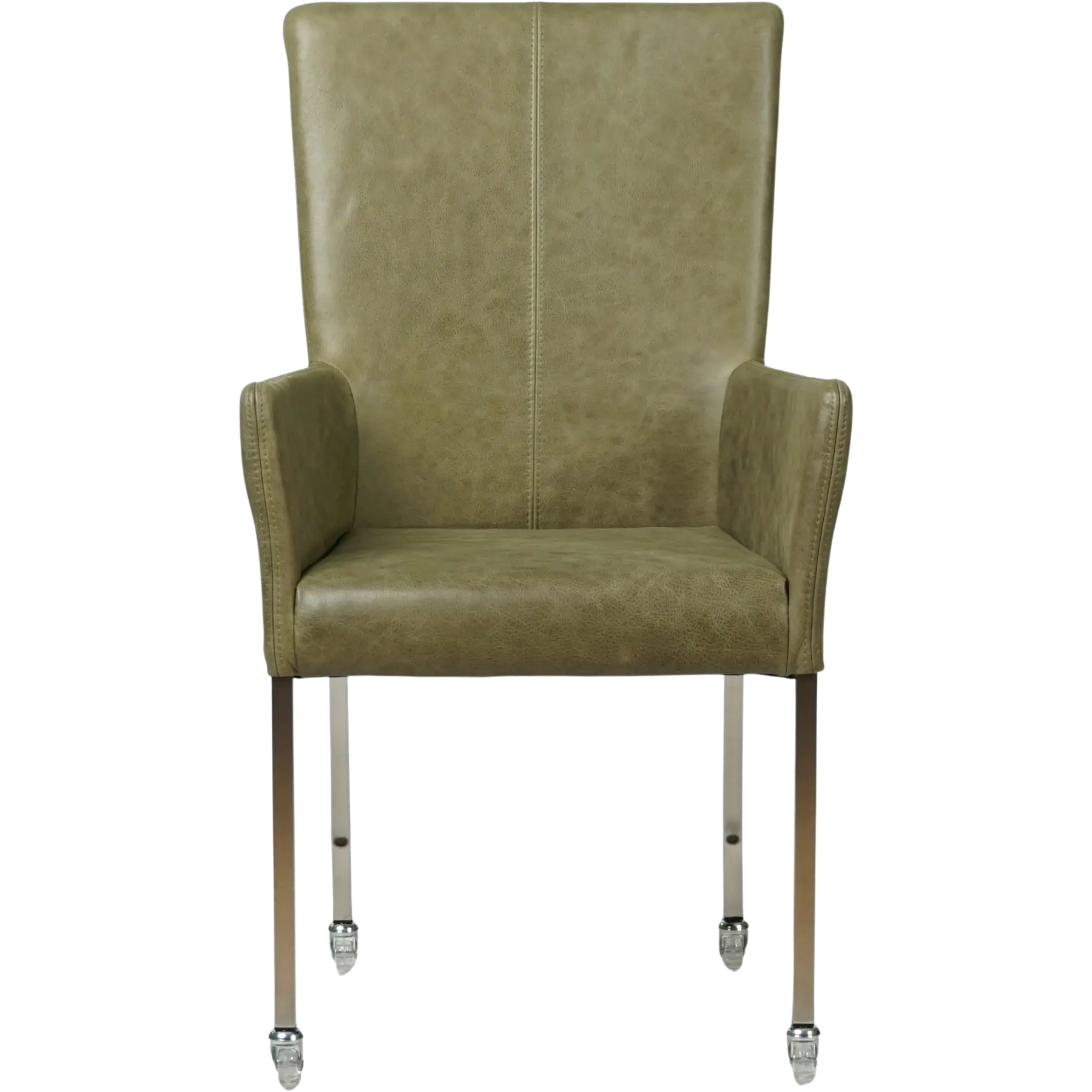 afbeelding van Leren eetkamerstoel Deal met armleuning - Vintage Olive (olijf/groen) - Poten staal vierkant RVS