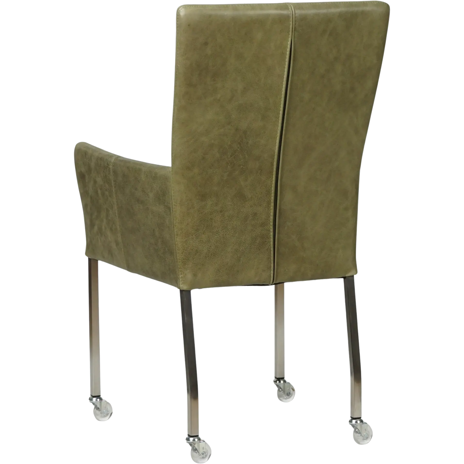 afbeelding van Leren eetkamerstoel Deal met armleuning - Vintage Olive (olijf/groen) - Poten staal vierkant RVS