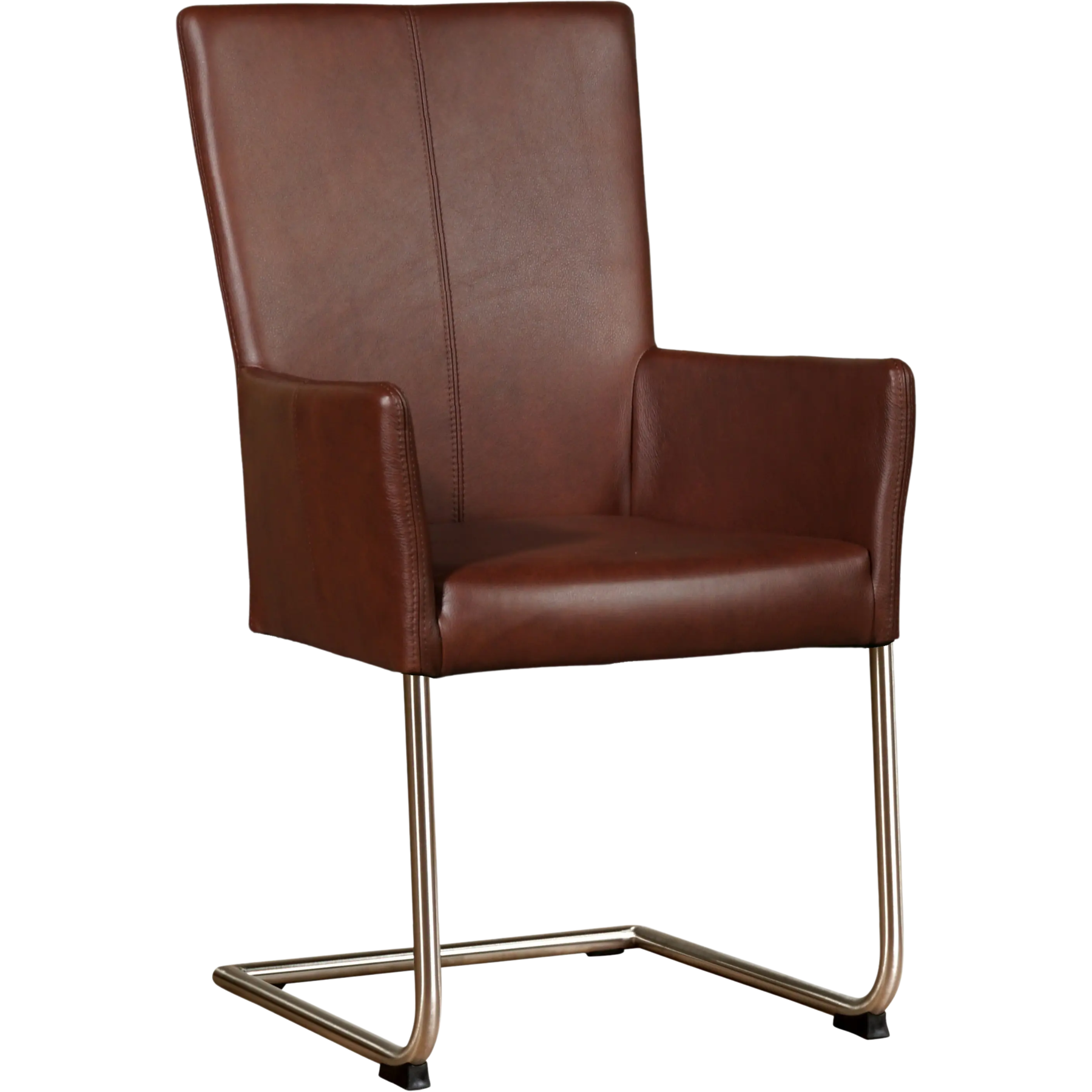 afbeelding van Leren eetkamerstoel Dry met armleuning - Granada Cognac (donkercognac) - Sledepoot staal rond RVS