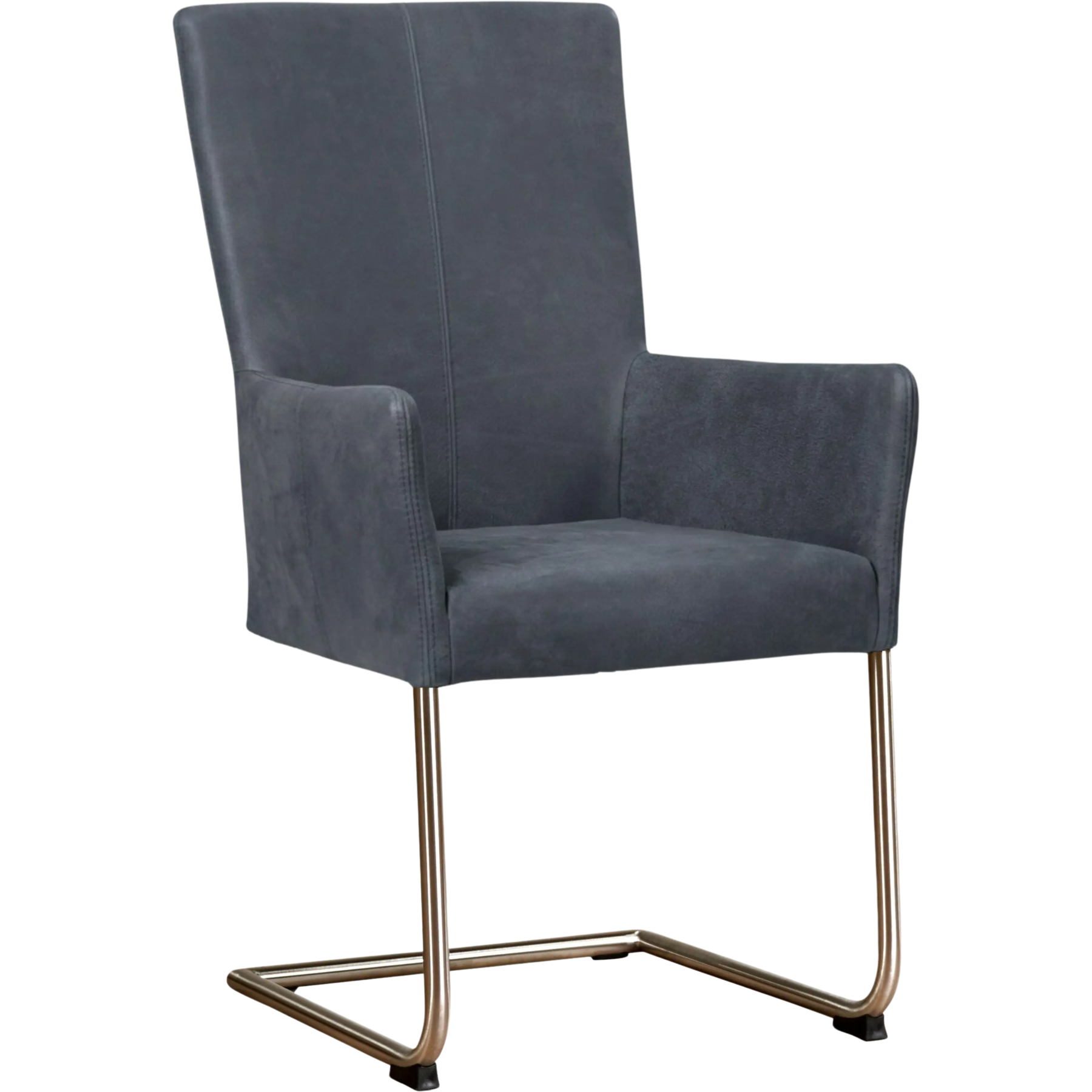 afbeelding van Leren eetkamerstoel Dry met armleuning - Kenia Denim (blauw) - Sledepoot staal rond RVS