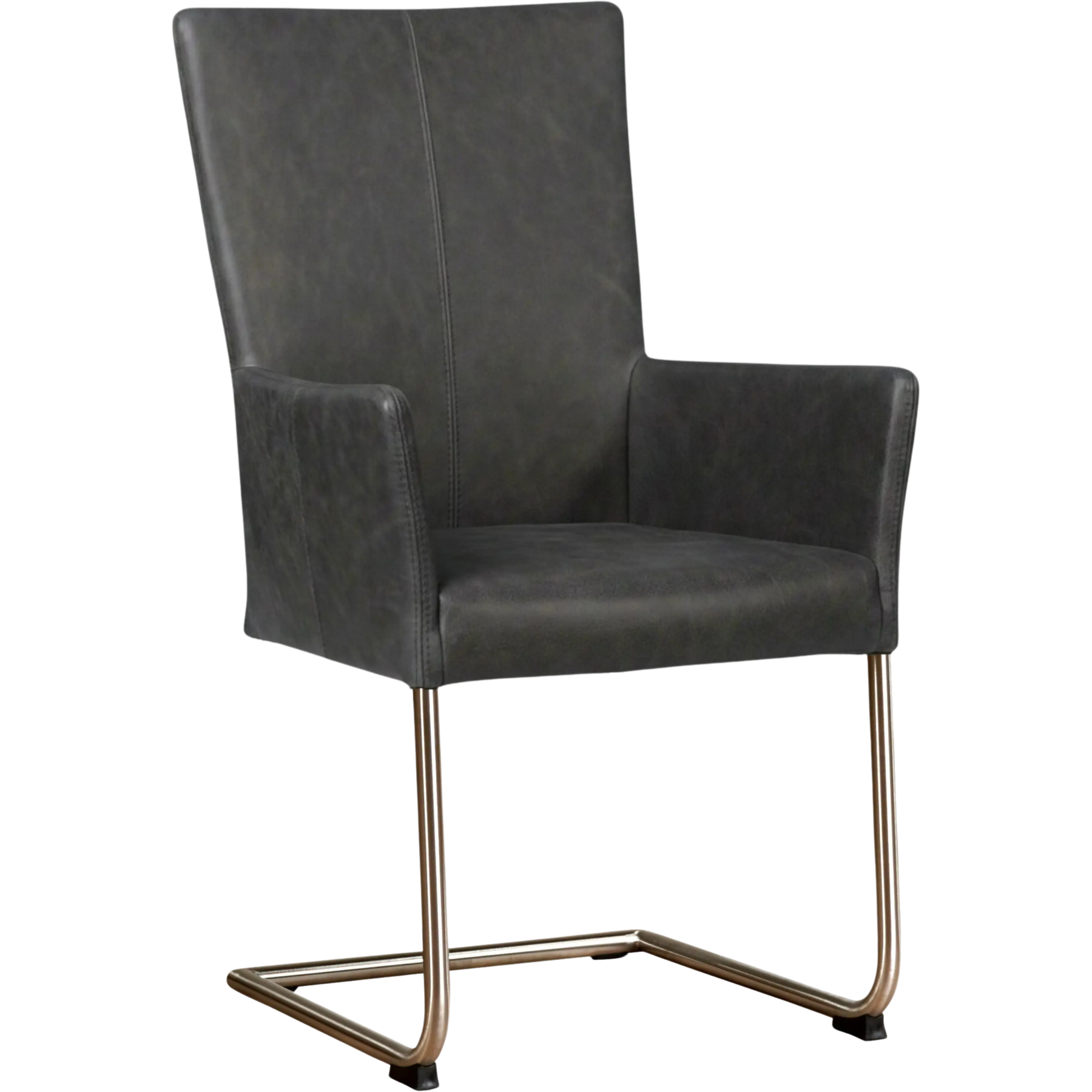 afbeelding van Leren eetkamerstoel Dry met armleuning - Vintage Grey (grijs) - Sledepoot staal rond RVS