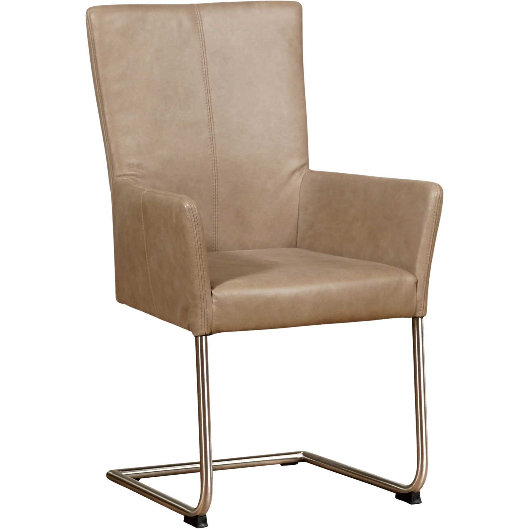 afbeelding van Leren eetkamerstoel Dry met armleuning - Vintage Taupe (taupe/bruin) - Sledepoot staal rond RVS