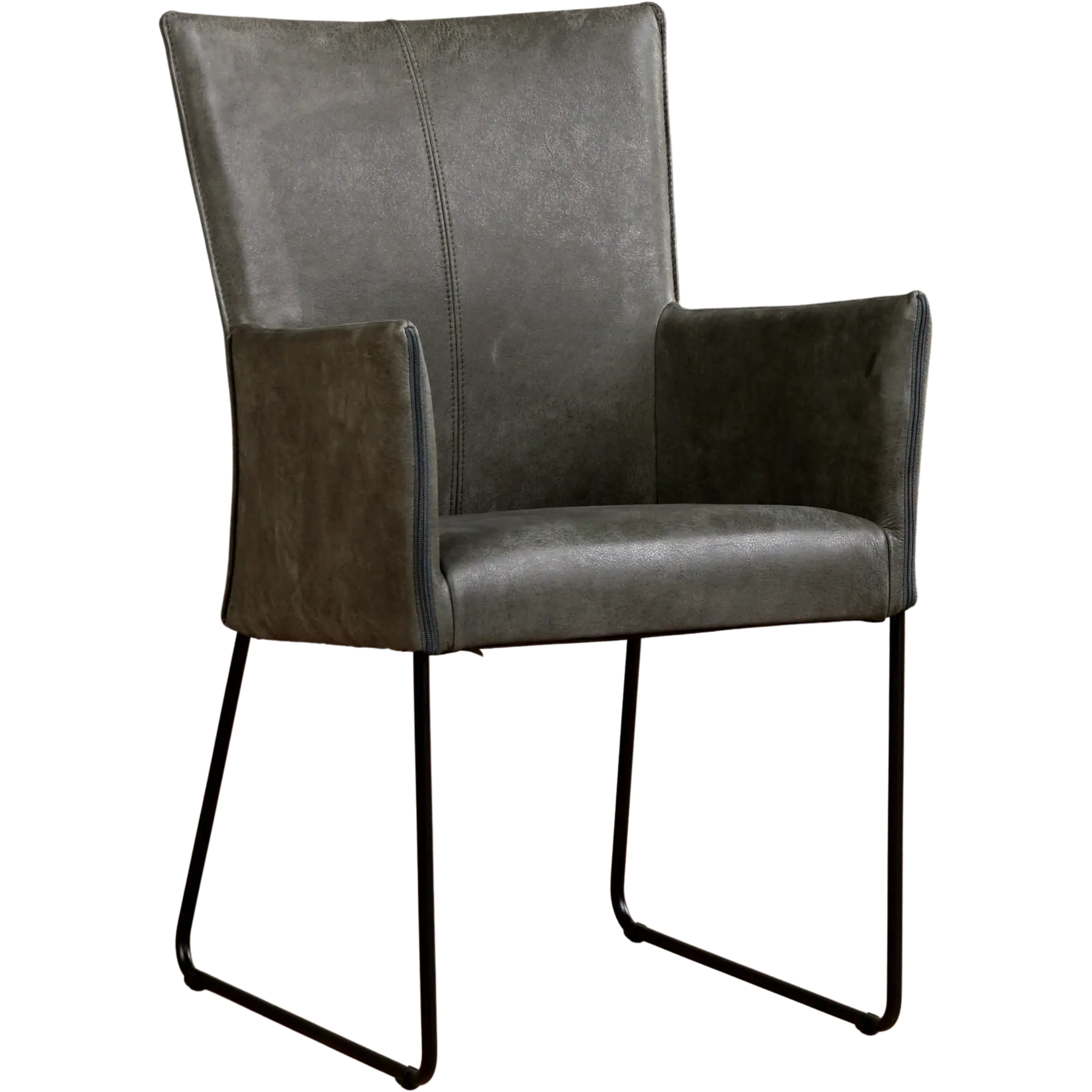 afbeelding van Leren eetkamerstoel Mate met armleuning - Kenia Antracite (grijs) - U-poot staal rond zwart