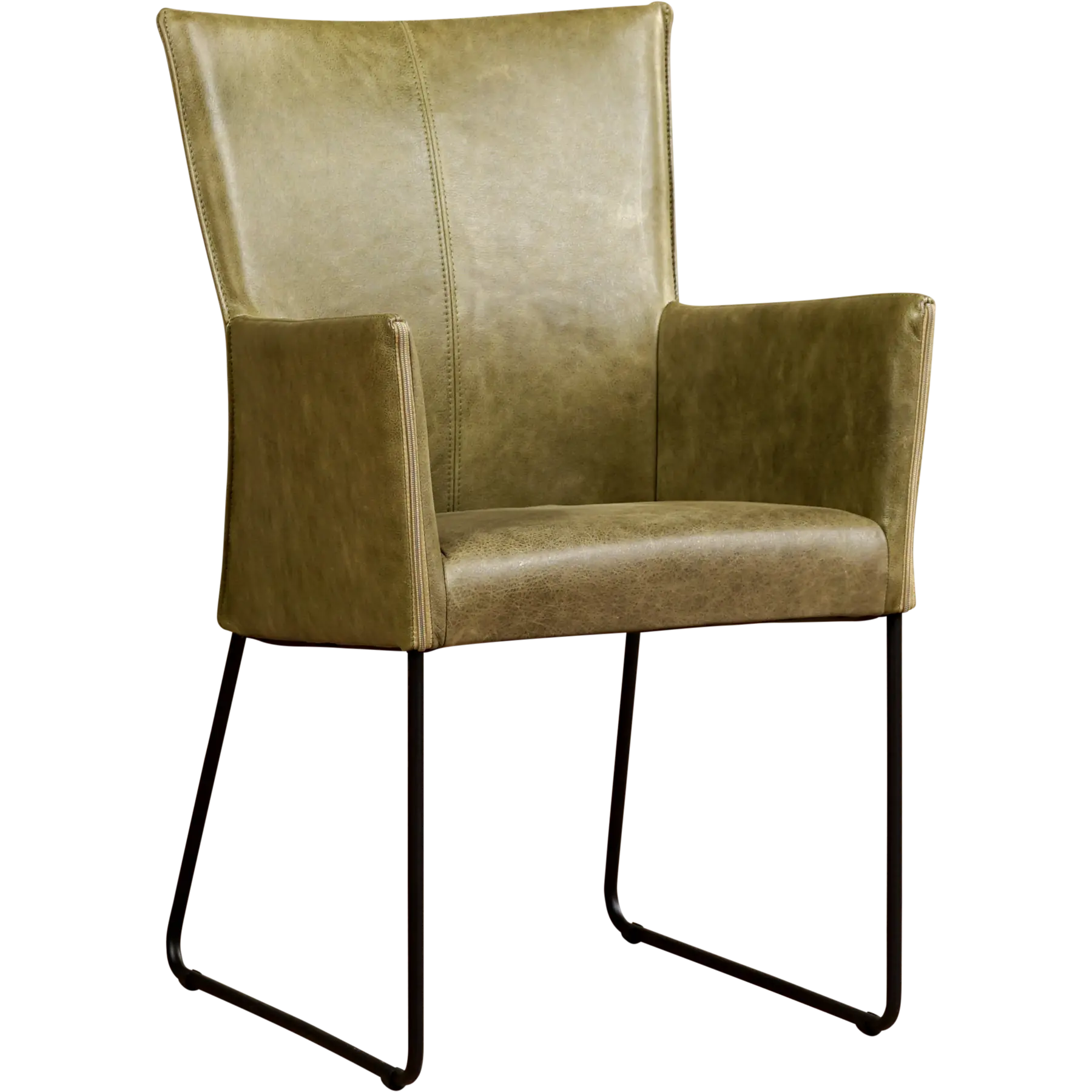 afbeelding van Leren eetkamerstoel Mate met armleuning - Vintage Olive (olijf/groen) - U-poot staal rond zwart