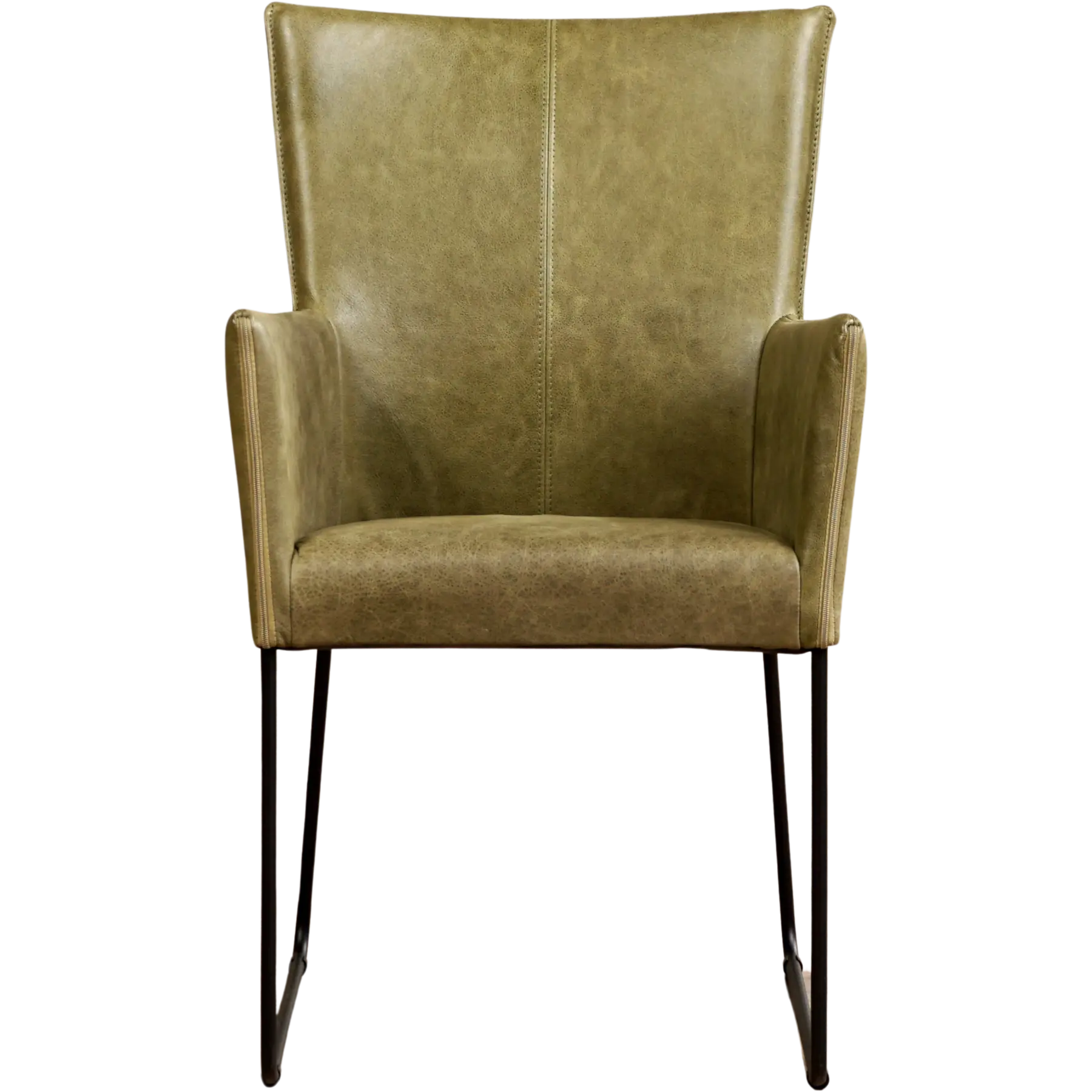 afbeelding van Leren eetkamerstoel Mate met armleuning - Vintage Olive (olijf/groen) - U-poot staal rond zwart