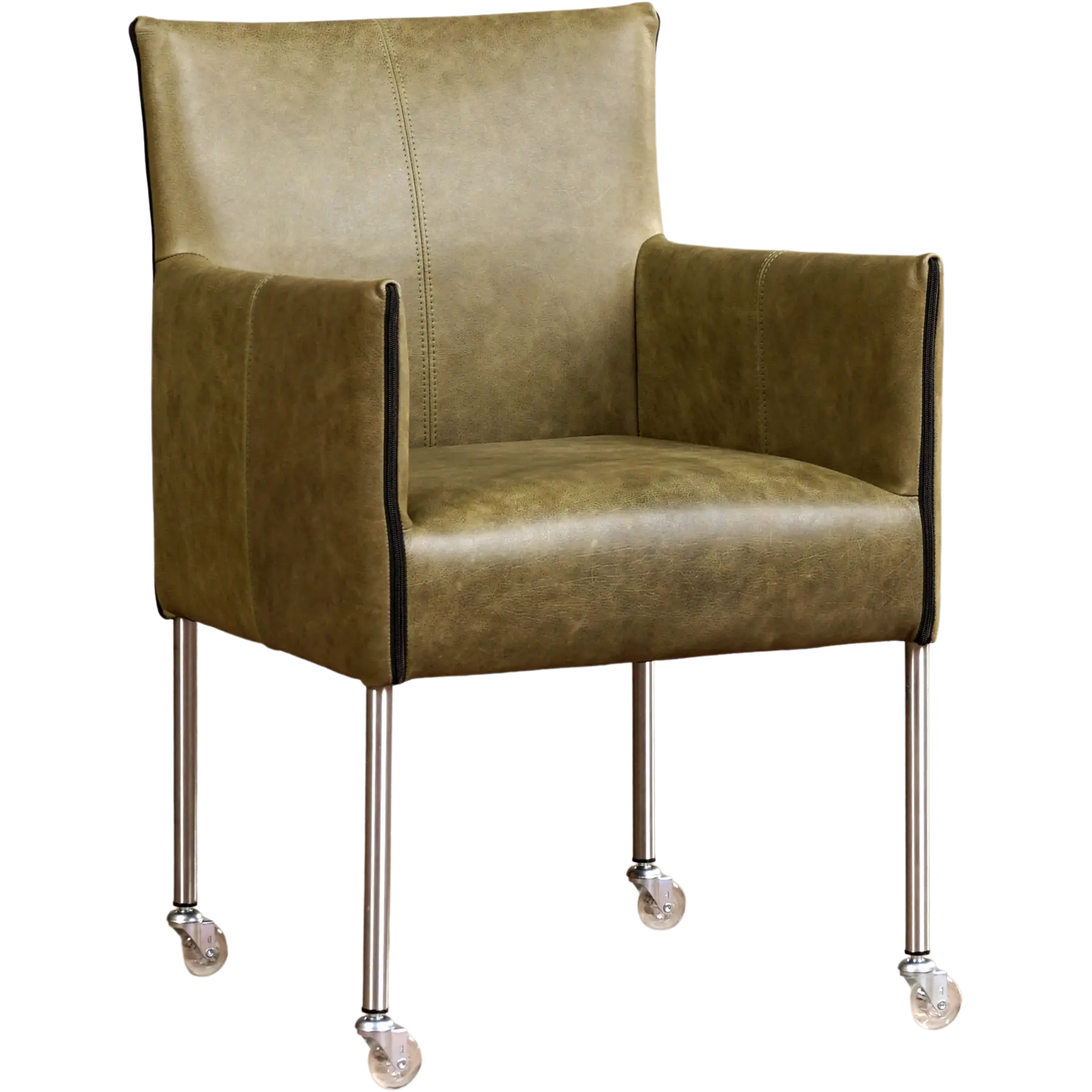 afbeelding van Leren eetkamerstoel More - Vintage Olive (olijf/groen) - Poten staal rond RVS
