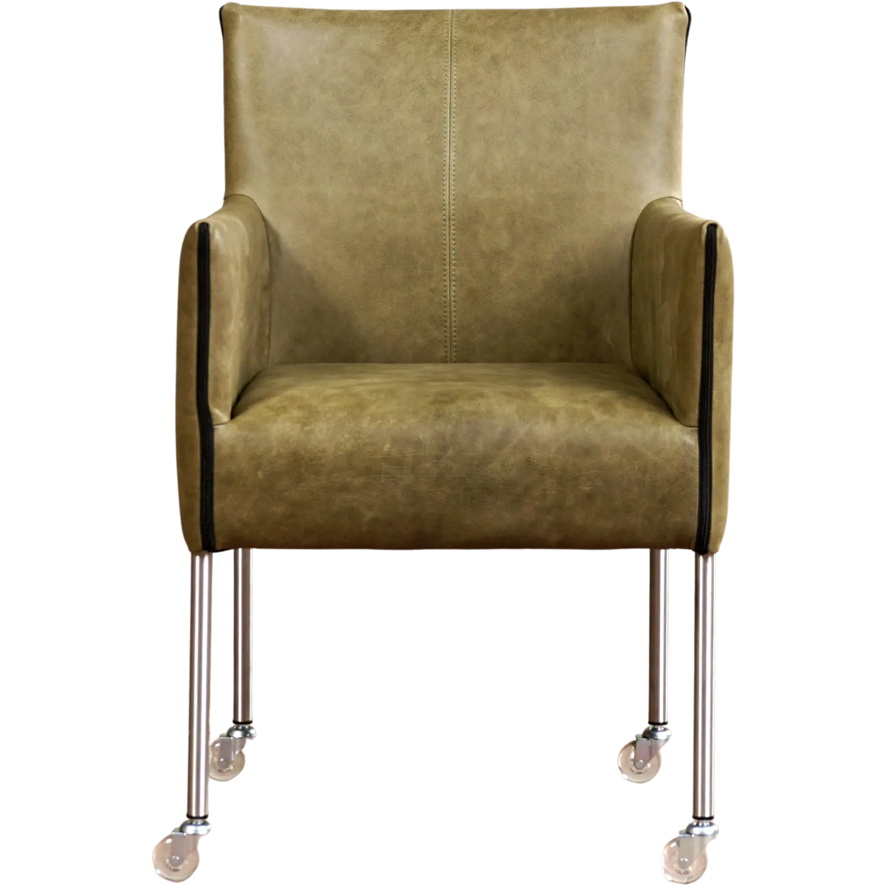 afbeelding van Leren eetkamerstoel More - Vintage Olive (olijf/groen) - Poten staal rond RVS