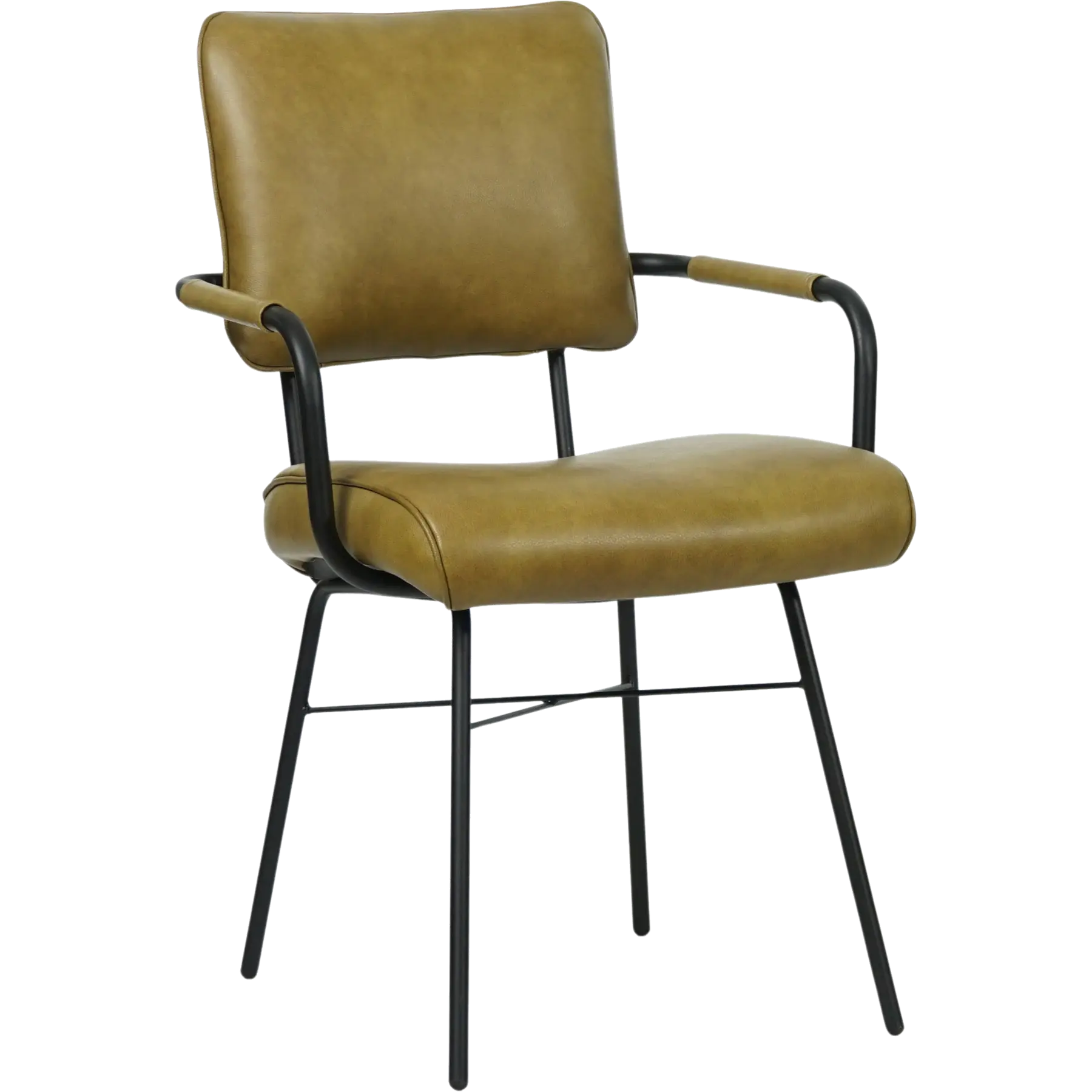 afbeelding van Leren eetkamerstoel Solid met armleuning - Granada Olive (olijf) - Poten staal rond zwart