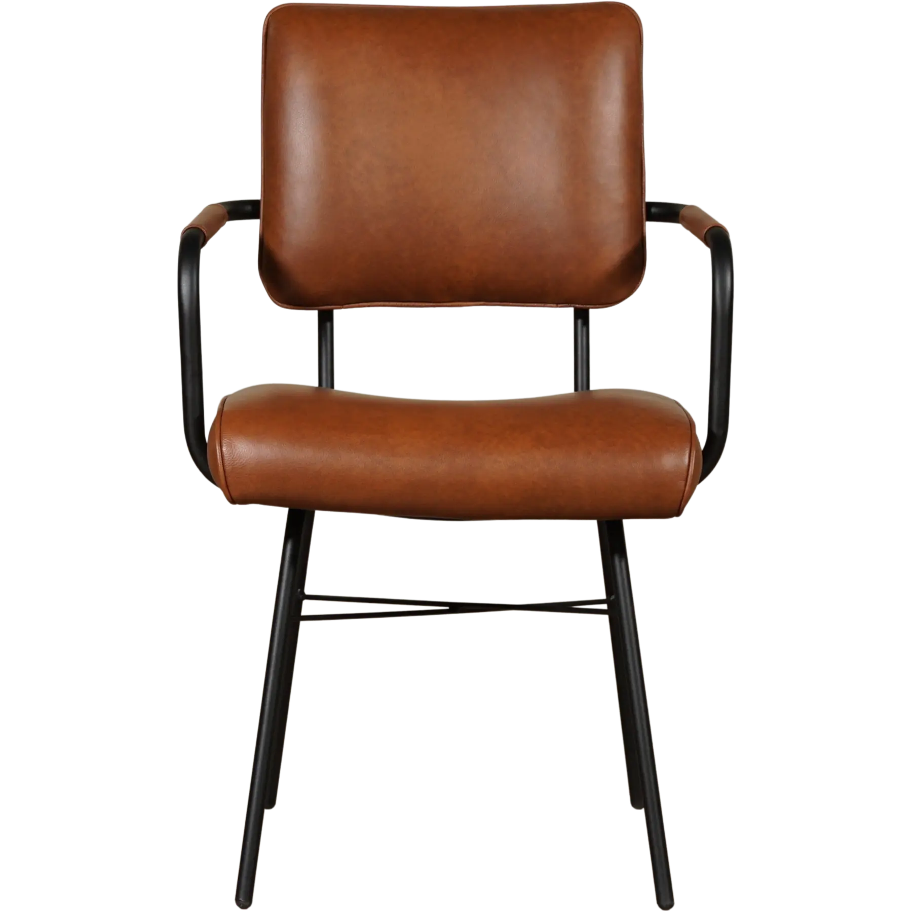 afbeelding van Leren eetkamerstoel Solid met armleuning - Granada Savannah (cognac) - Poten staal rond zwart