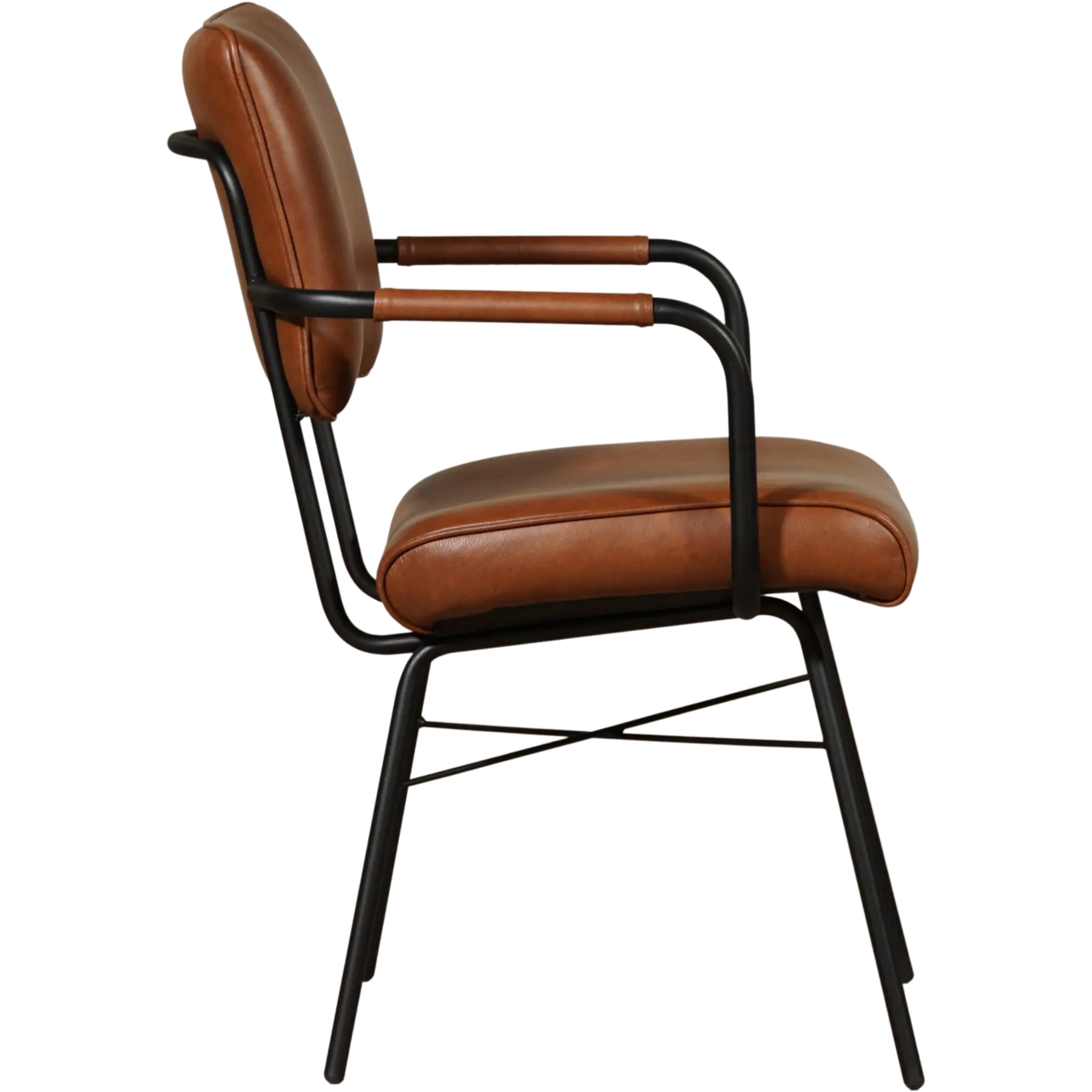 afbeelding van Leren eetkamerstoel Solid met armleuning - Granada Savannah (cognac) - Poten staal rond zwart