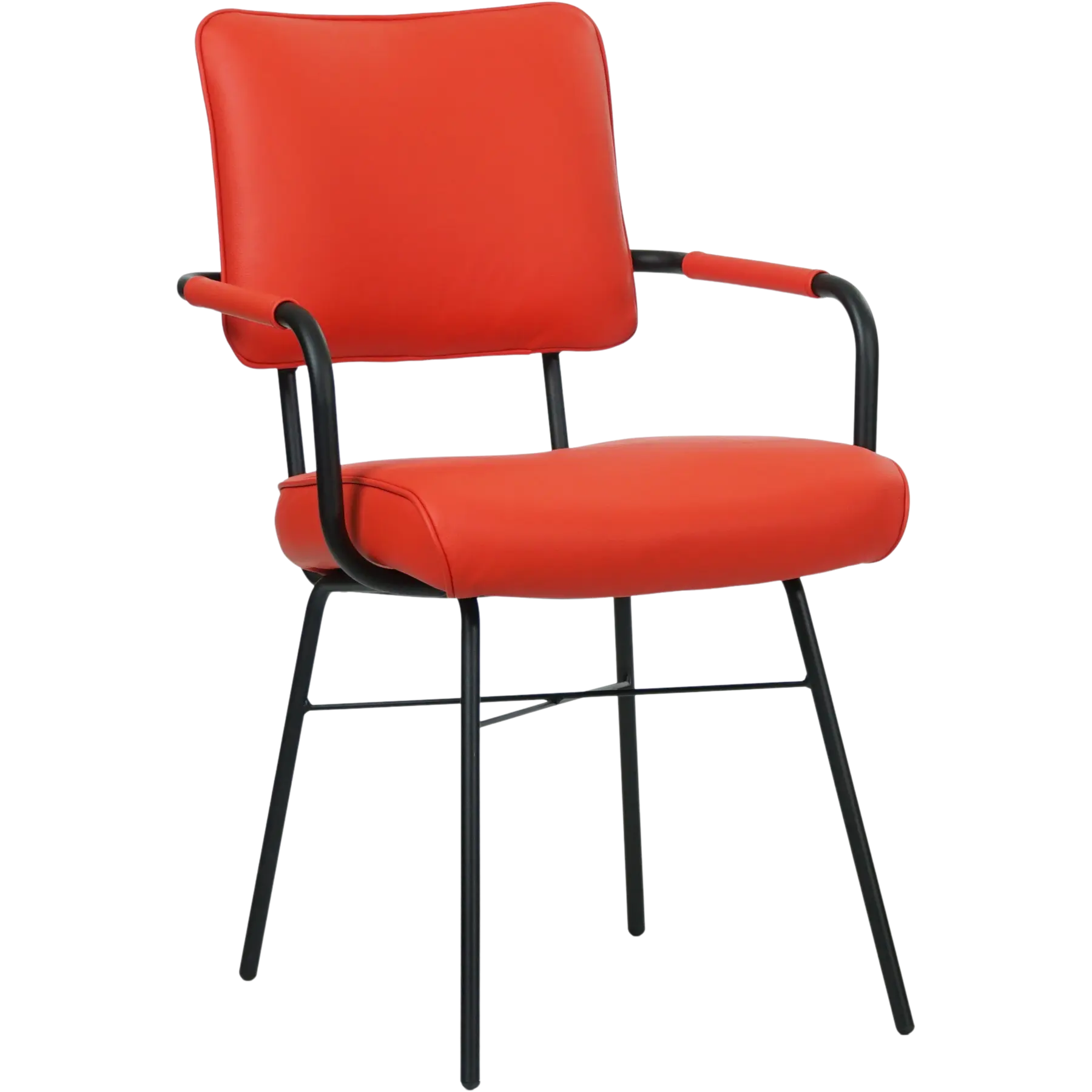 afbeelding van Leren eetkamerstoel Solid met armleuning - Hermes Lipstick (felrood) - Poten staal rond zwart