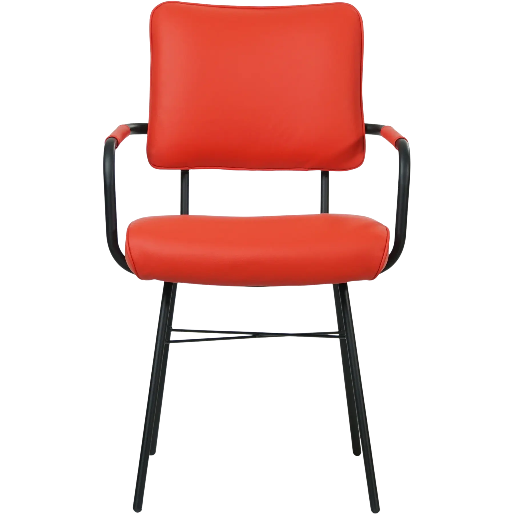 afbeelding van Leren eetkamerstoel Solid met armleuning - Hermes Lipstick (felrood) - Poten staal rond zwart