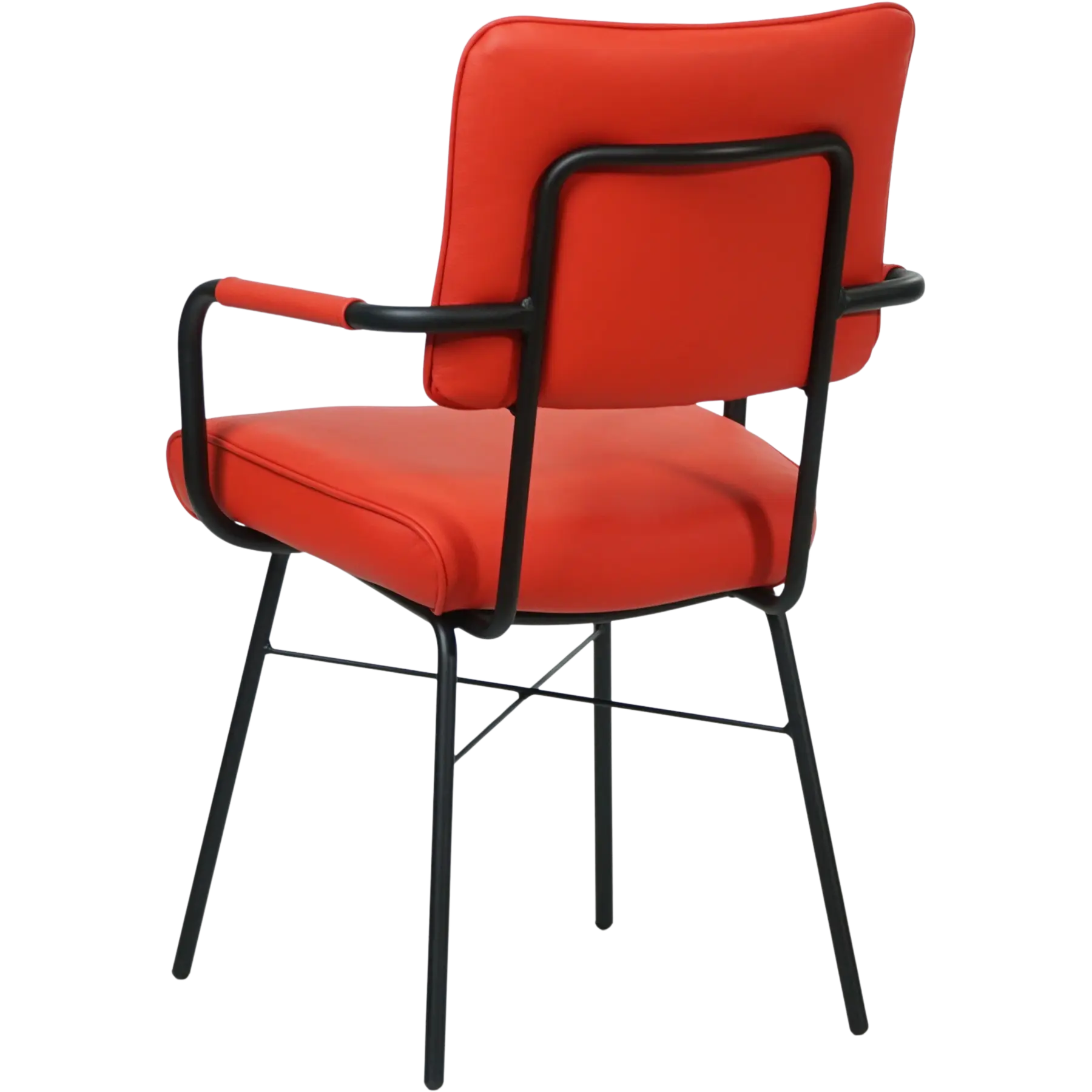 afbeelding van Leren eetkamerstoel Solid met armleuning - Hermes Lipstick (felrood) - Poten staal rond zwart