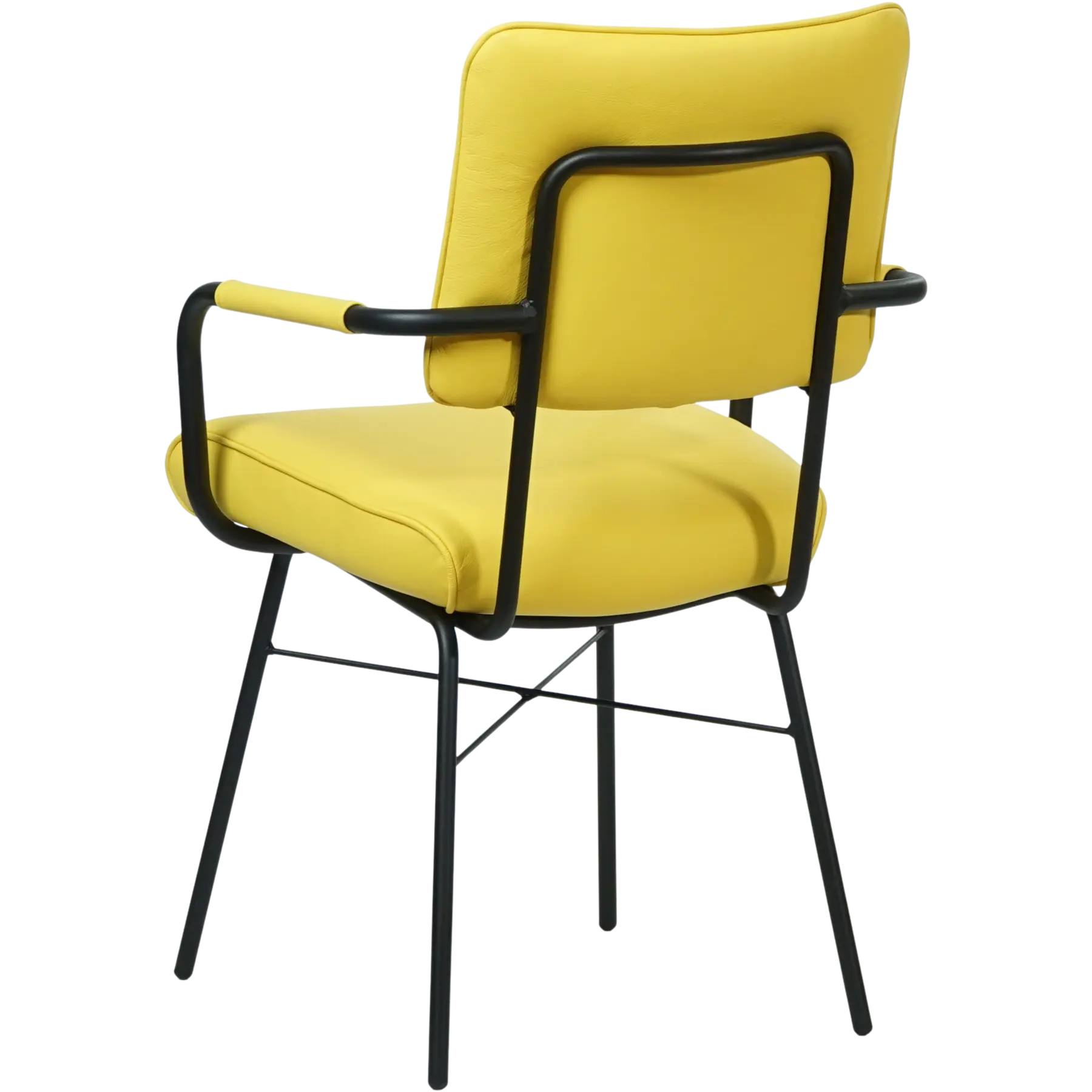 afbeelding van Leren eetkamerstoel Solid met armleuning - Hermes Yellow (felgeel) - Poten staal rond zwart