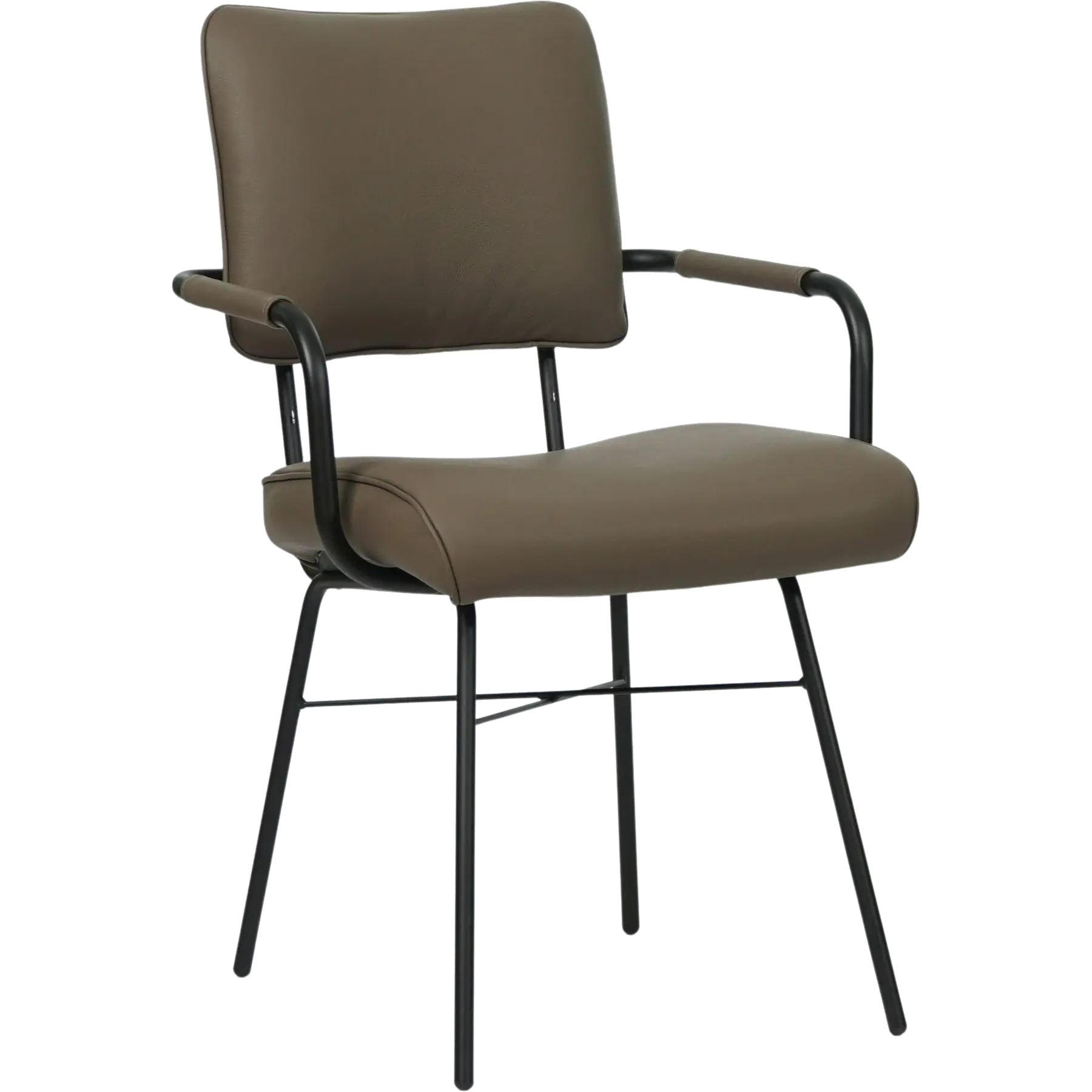 afbeelding van Leren eetkamerstoel Solid met armleuning - Toledo Moss (bruin/groen) - Poten staal rond zwart