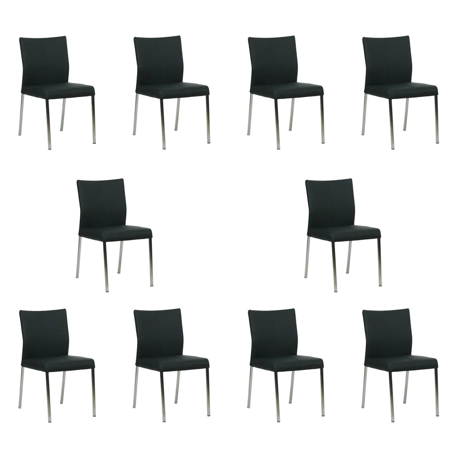 afbeelding van Set van 10 Leren eetkamerstoelen Basic - Toledo Nero (zwart) - Poten staal vierkant RVS