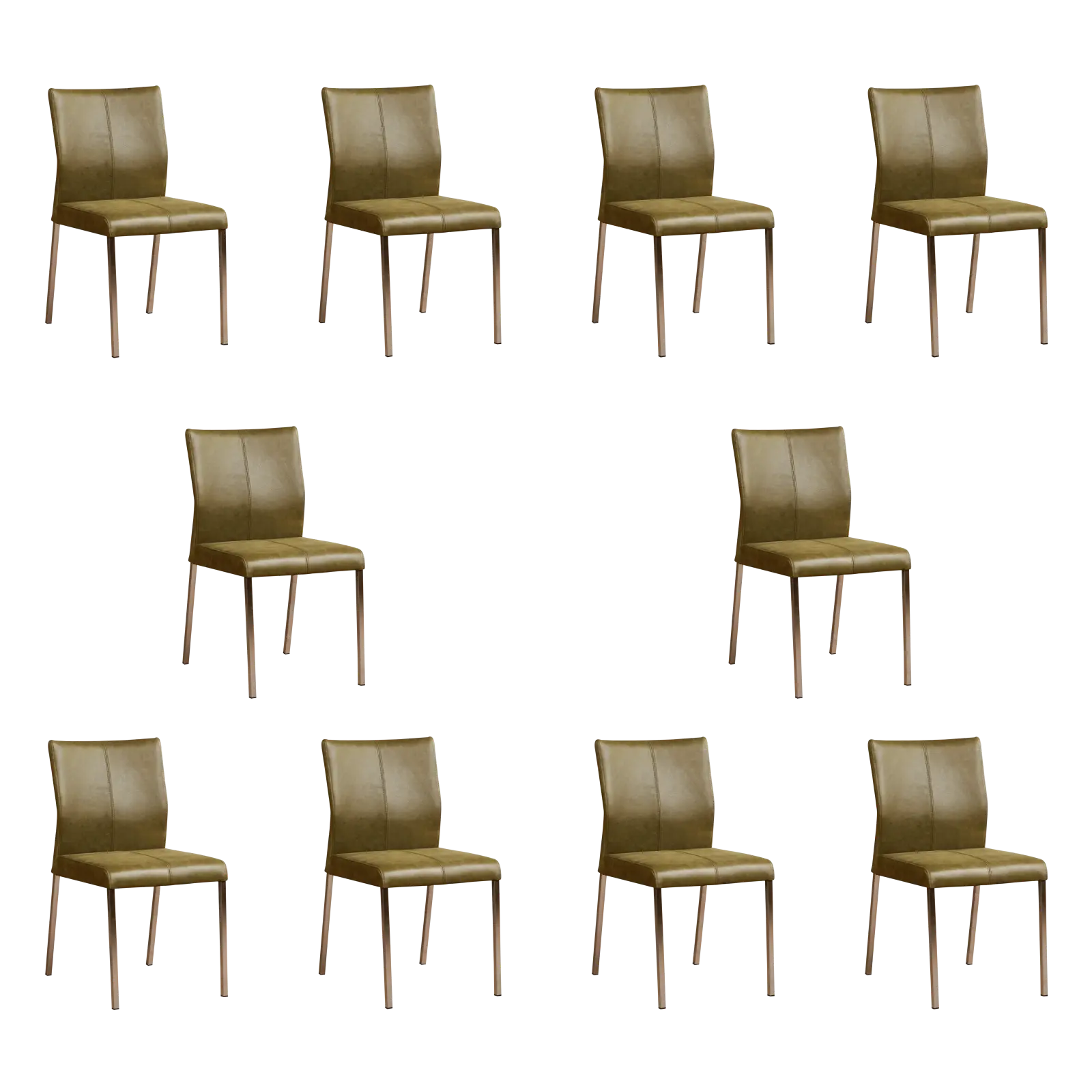 afbeelding van Set van 10 Leren eetkamerstoelen Basic - Vintage Olive (olijf/groen) - Poten staal vierkant RVS