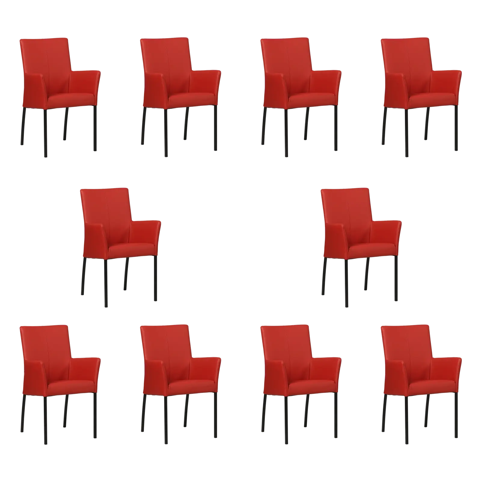 afbeelding van Set van 10 Leren eetkamerstoelen Comfort met armleuning - Toledo Ducati (rood) - Poten staal vierkant zwart