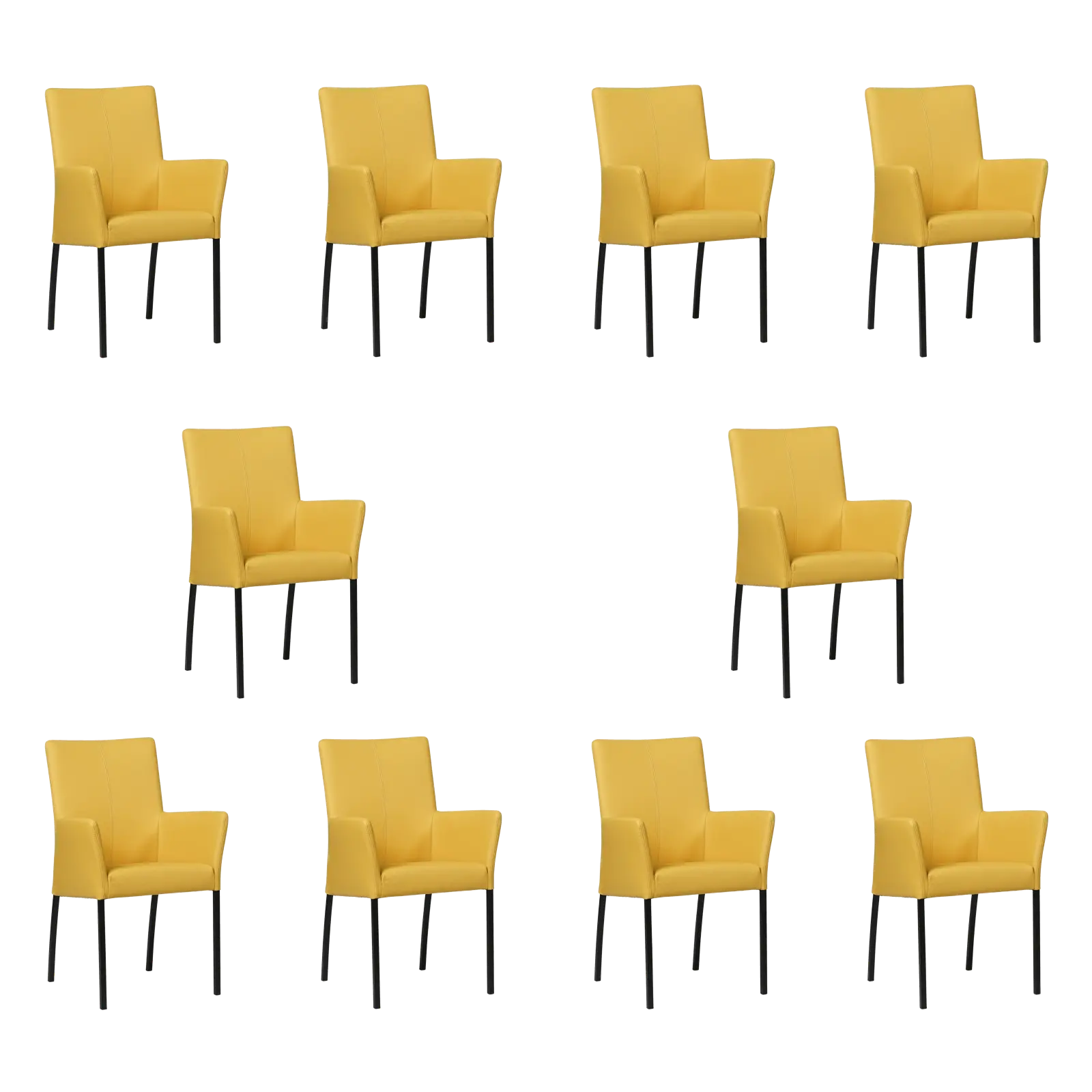 afbeelding van Set van 10 Leren eetkamerstoelen Comfort met armleuning - Toledo Giallo (geel) - Poten staal vierkant zwart