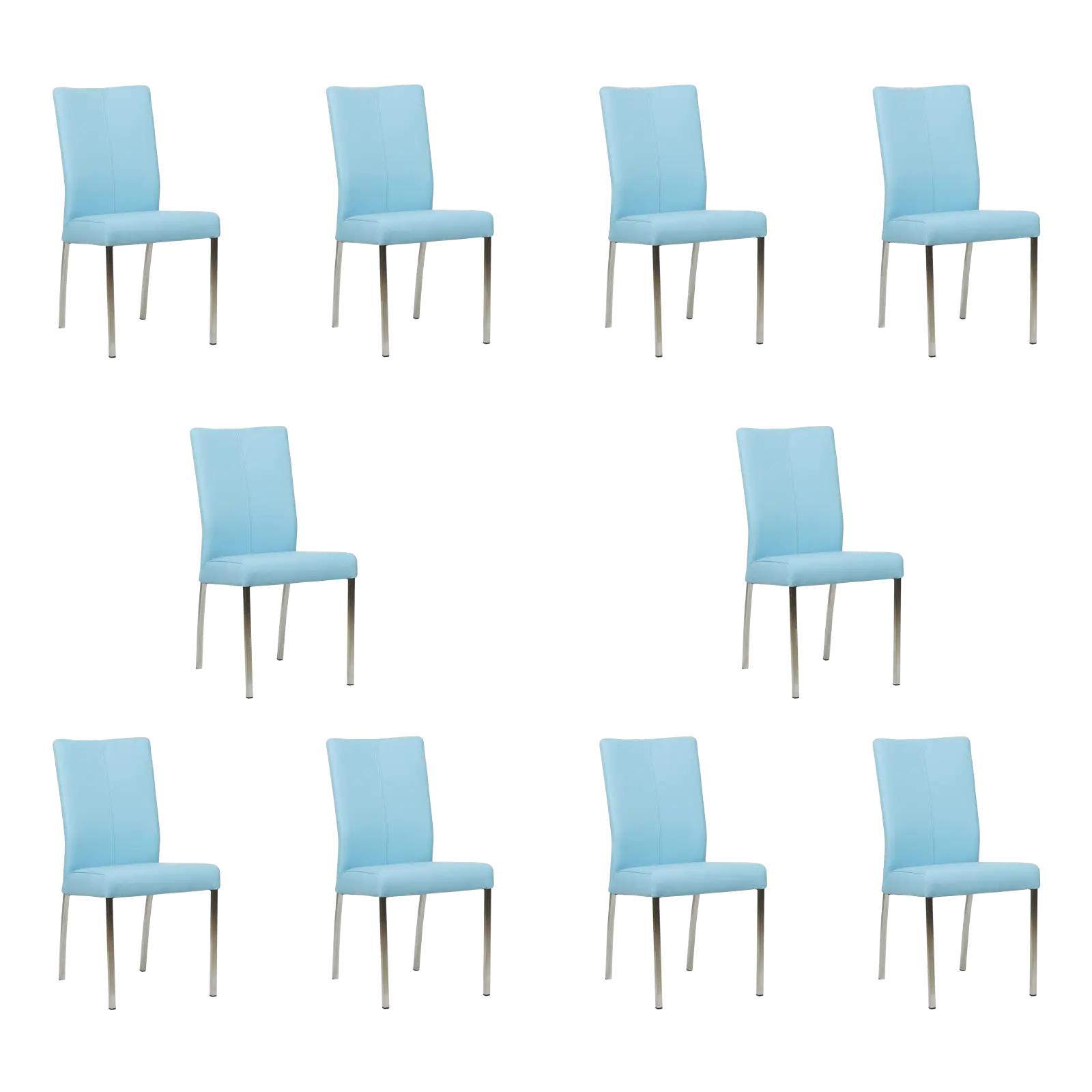 afbeelding van Set van 10 Leren eetkamerstoelen Comfort - Toledo Sky Blue (lichtblauw) - Poten staal vierkant RVS