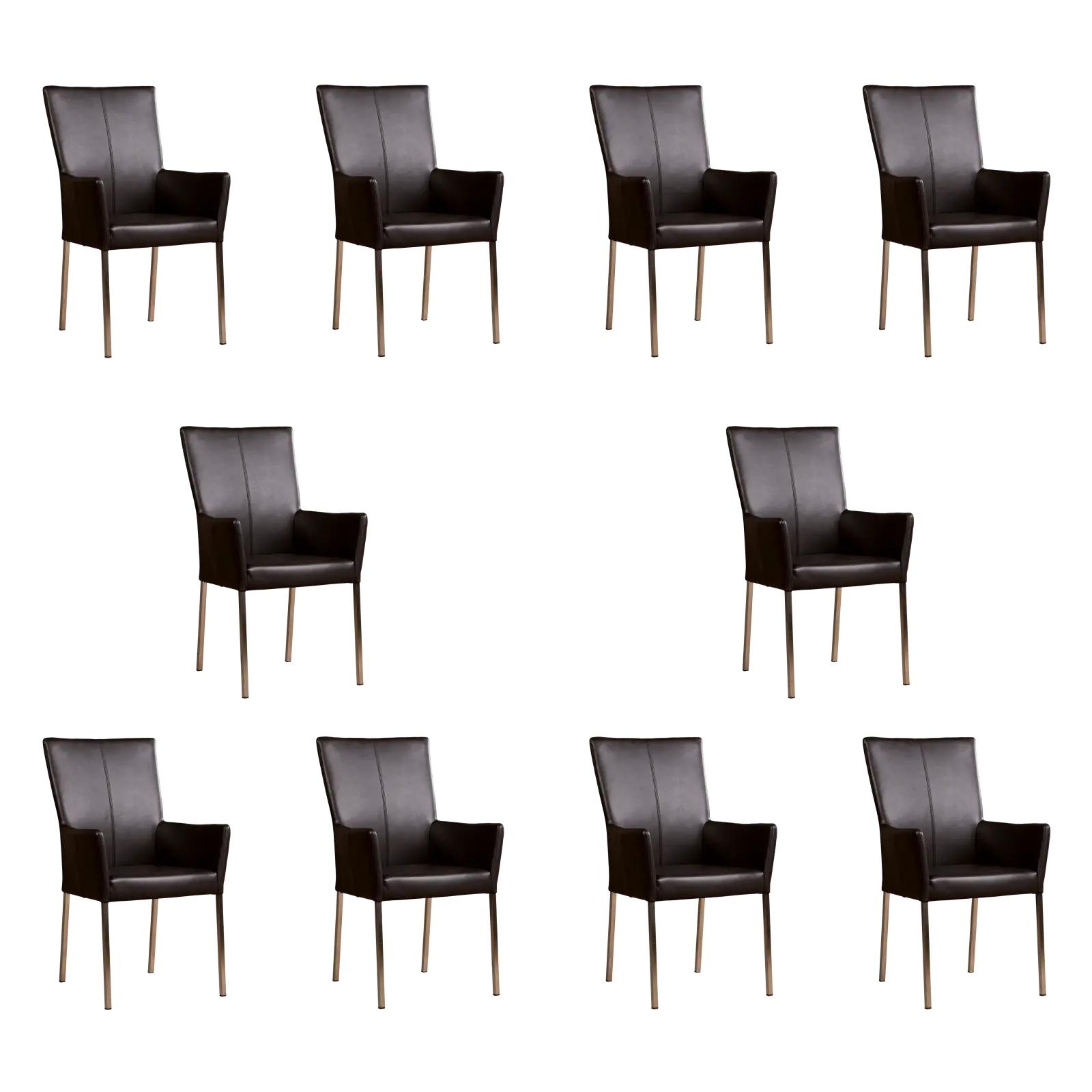 afbeelding van Set van 10 Leren eetkamerstoelen Daily met armleuning - Granada Ebony (donkerbruin) - Poten staal vierkant RVS