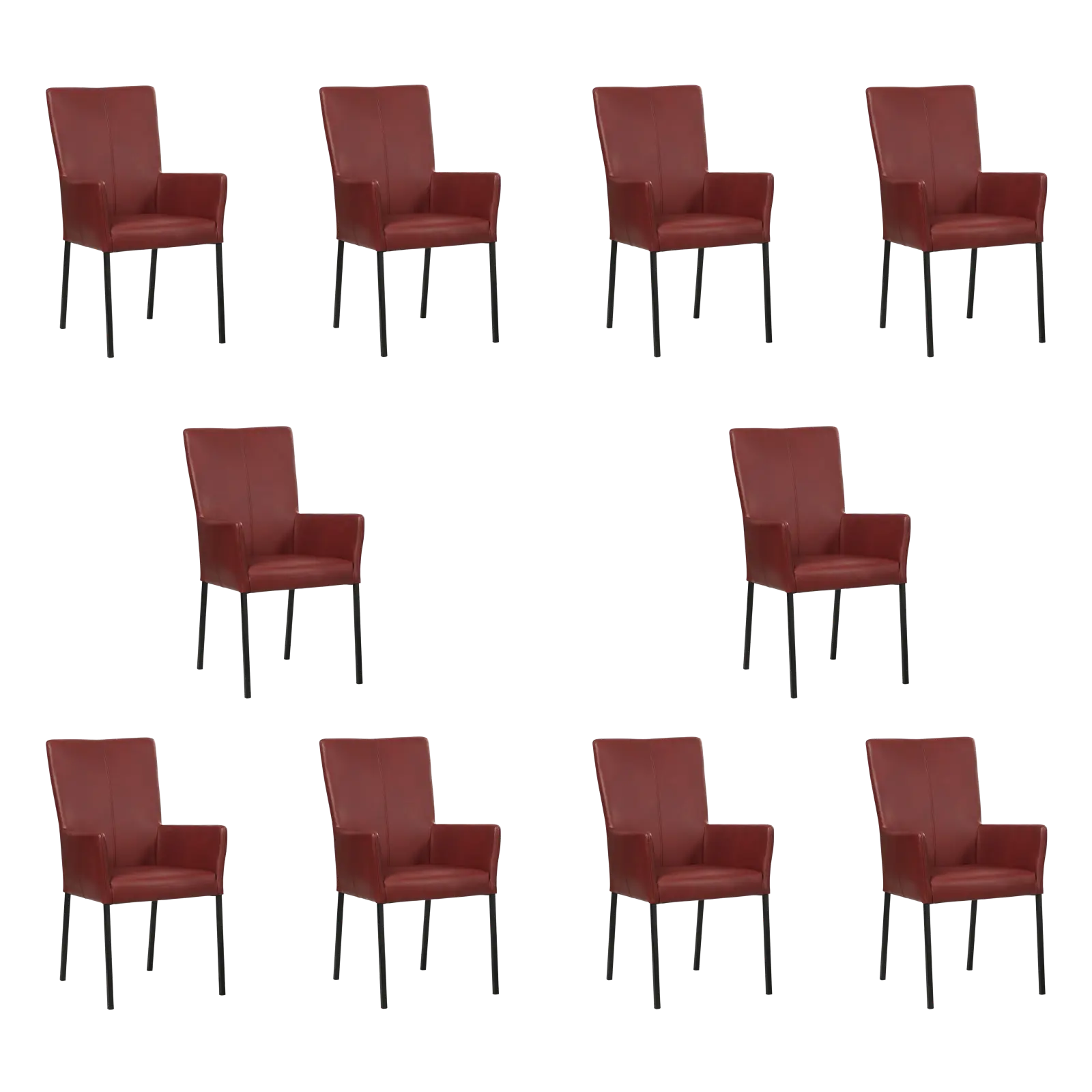 afbeelding van Set van 10 Leren eetkamerstoelen Daily met armleuning - Granada Rouge (rood) - Poten staal vierkant zwart