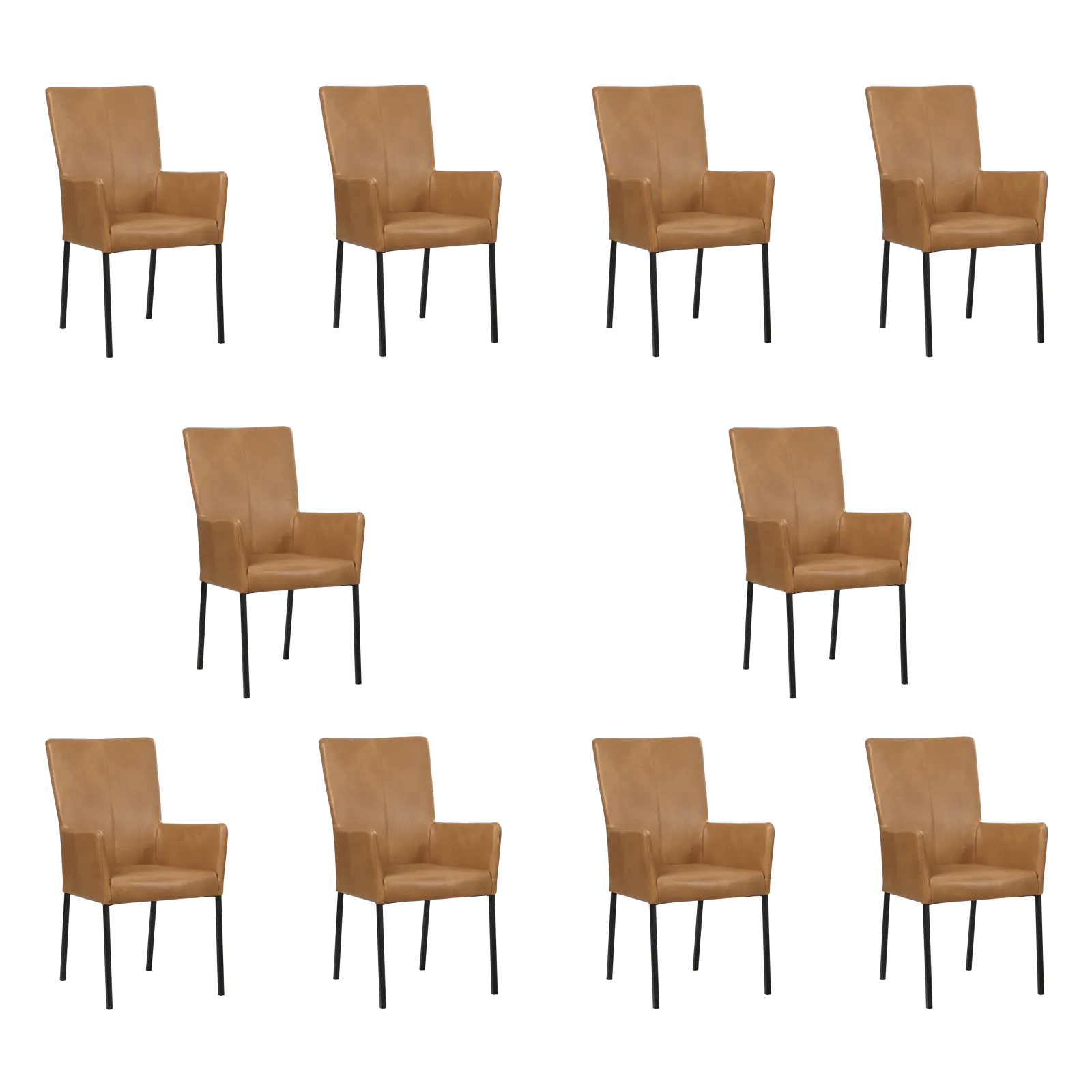afbeelding van Set van 10 Leren eetkamerstoelen Daily met armleuning - Granada Sahara (cognac) - Poten staal vierkant zwart
