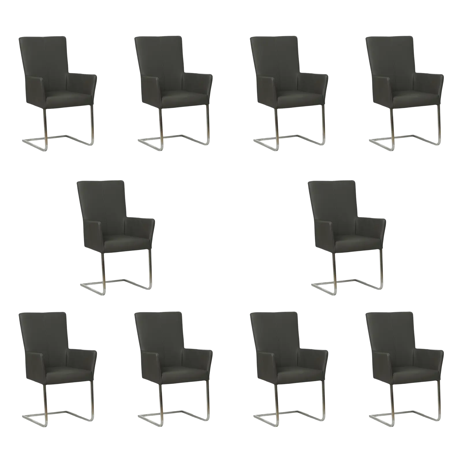 afbeelding van Set van 10 Leren eetkamerstoelen Dare met armleuning - Toledo Antracite (donkergrijs) - Sledepoot staal vierkant RVS