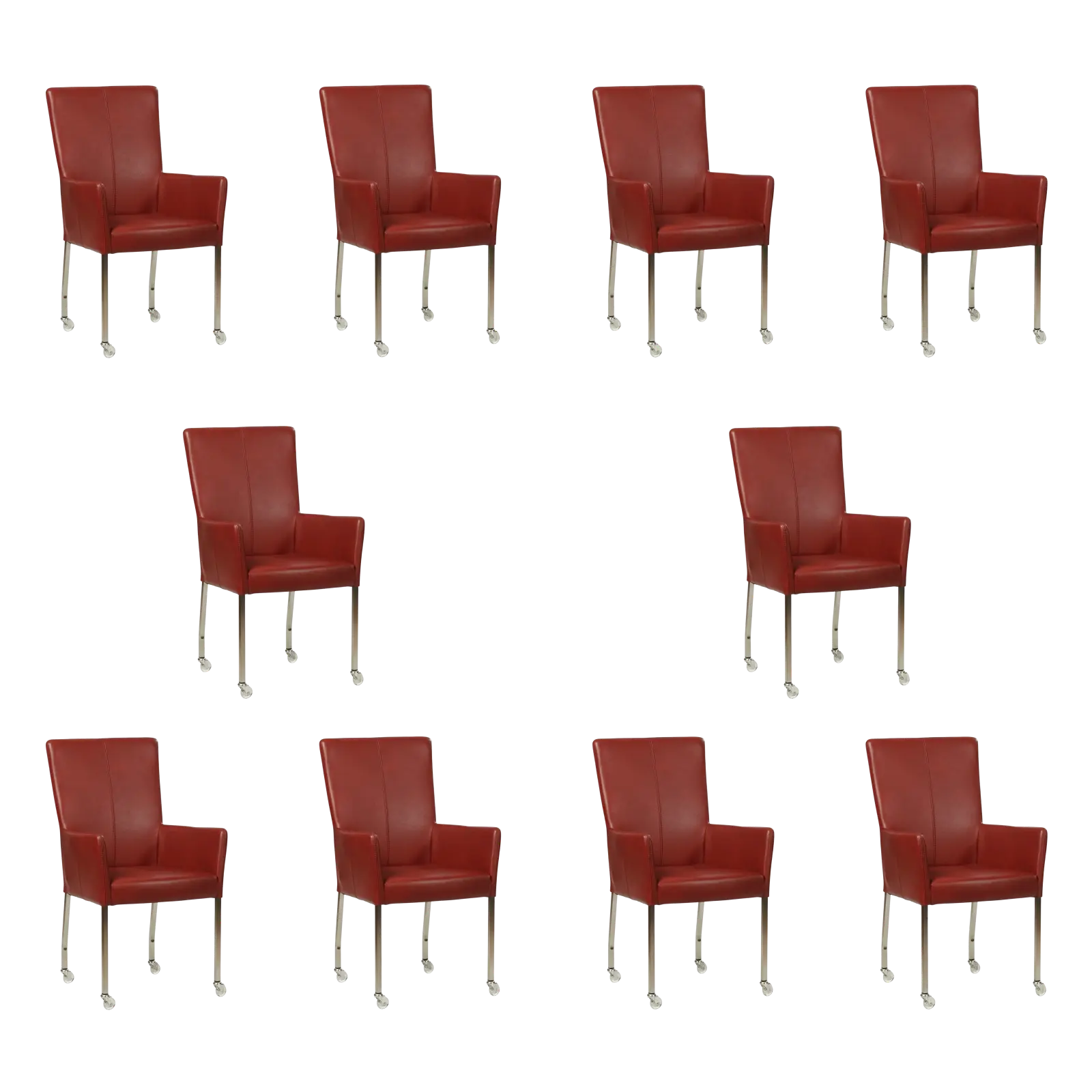 afbeelding van Set van 10 Leren eetkamerstoelen Deal met armleuning - Granada Rouge (rood) - Poten staal vierkant RVS