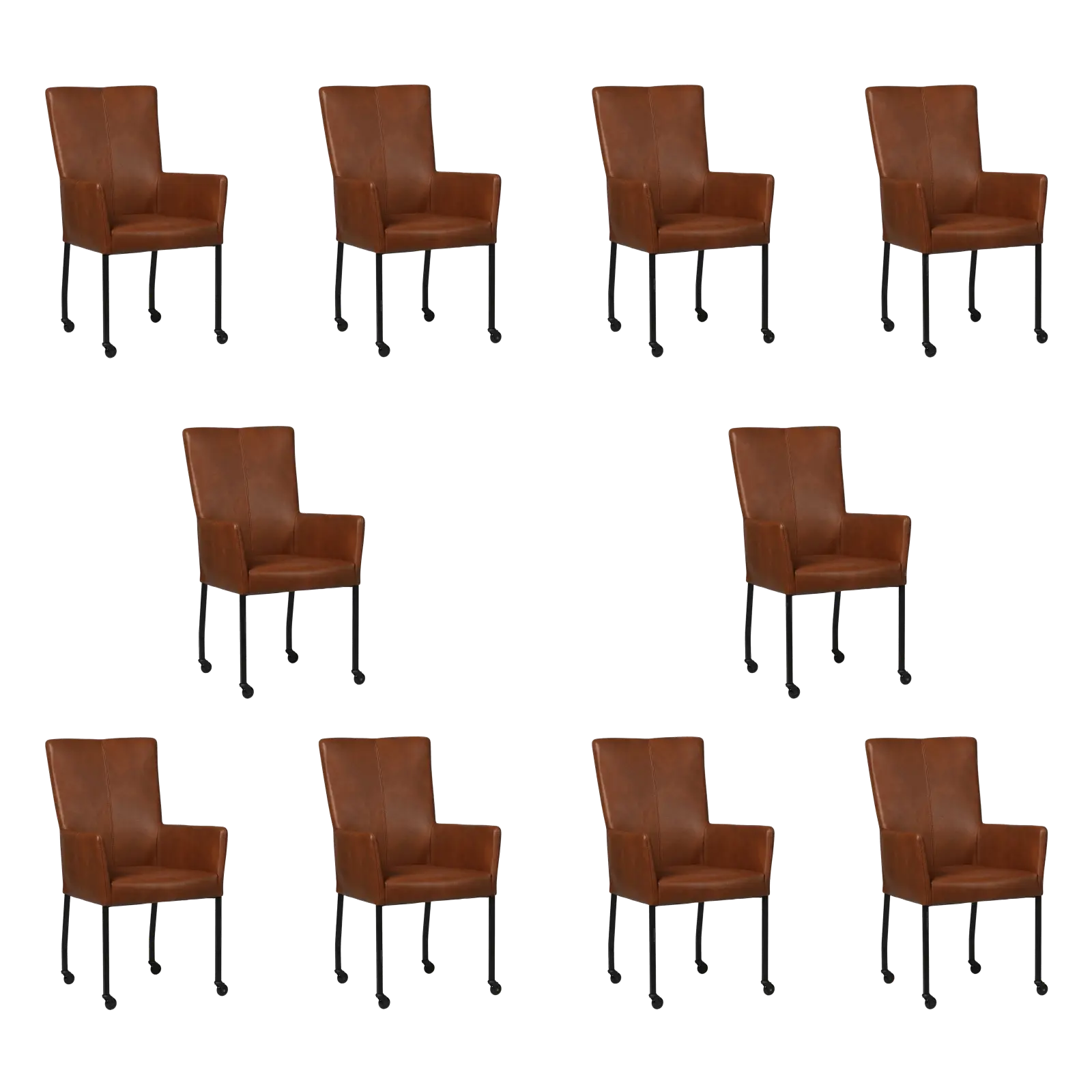 afbeelding van Set van 10 Leren eetkamerstoelen Deal met armleuning - Granada Savannah (cognac) - Poten staal vierkant zwart