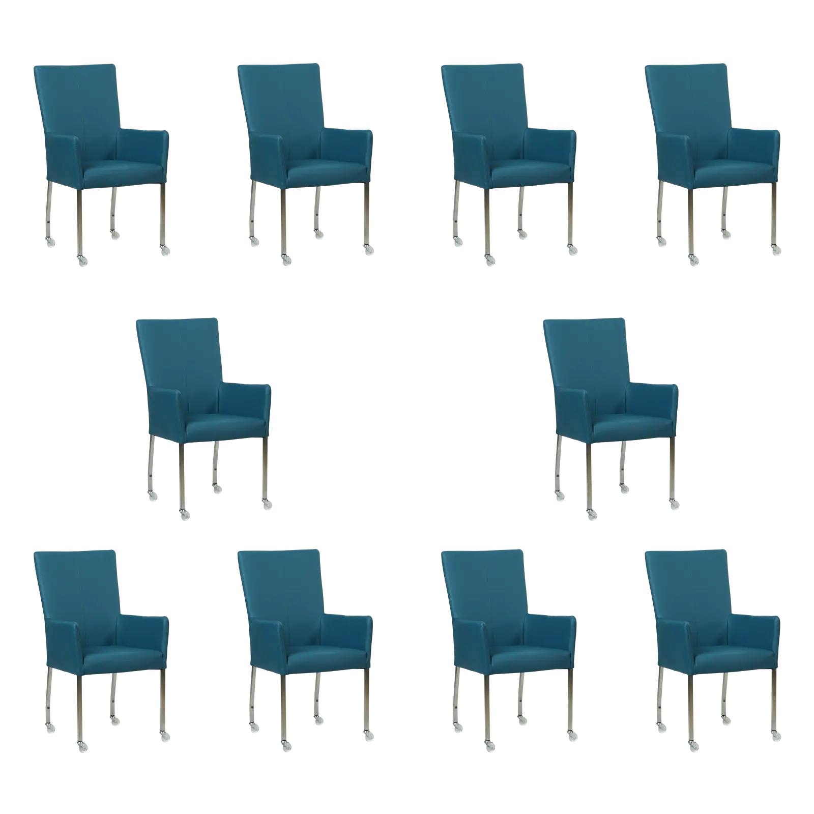 afbeelding van Set van 10 Leren eetkamerstoelen Deal met armleuning - Hermes Turquoise (blauw) - Poten staal vierkant RVS