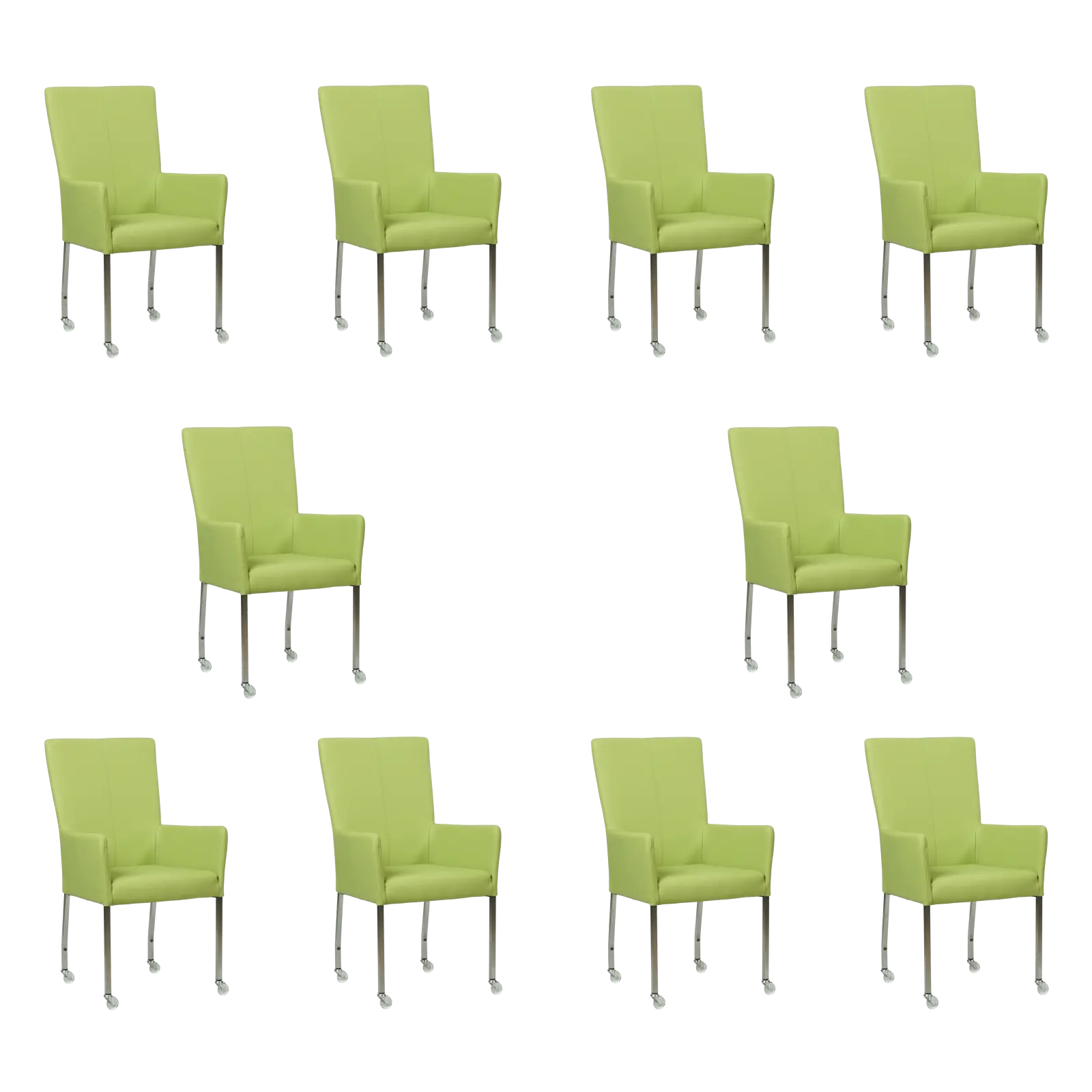 afbeelding van Set van 10 Leren eetkamerstoelen Deal met armleuning - Toledo Lime (felgroen) - Poten staal vierkant RVS