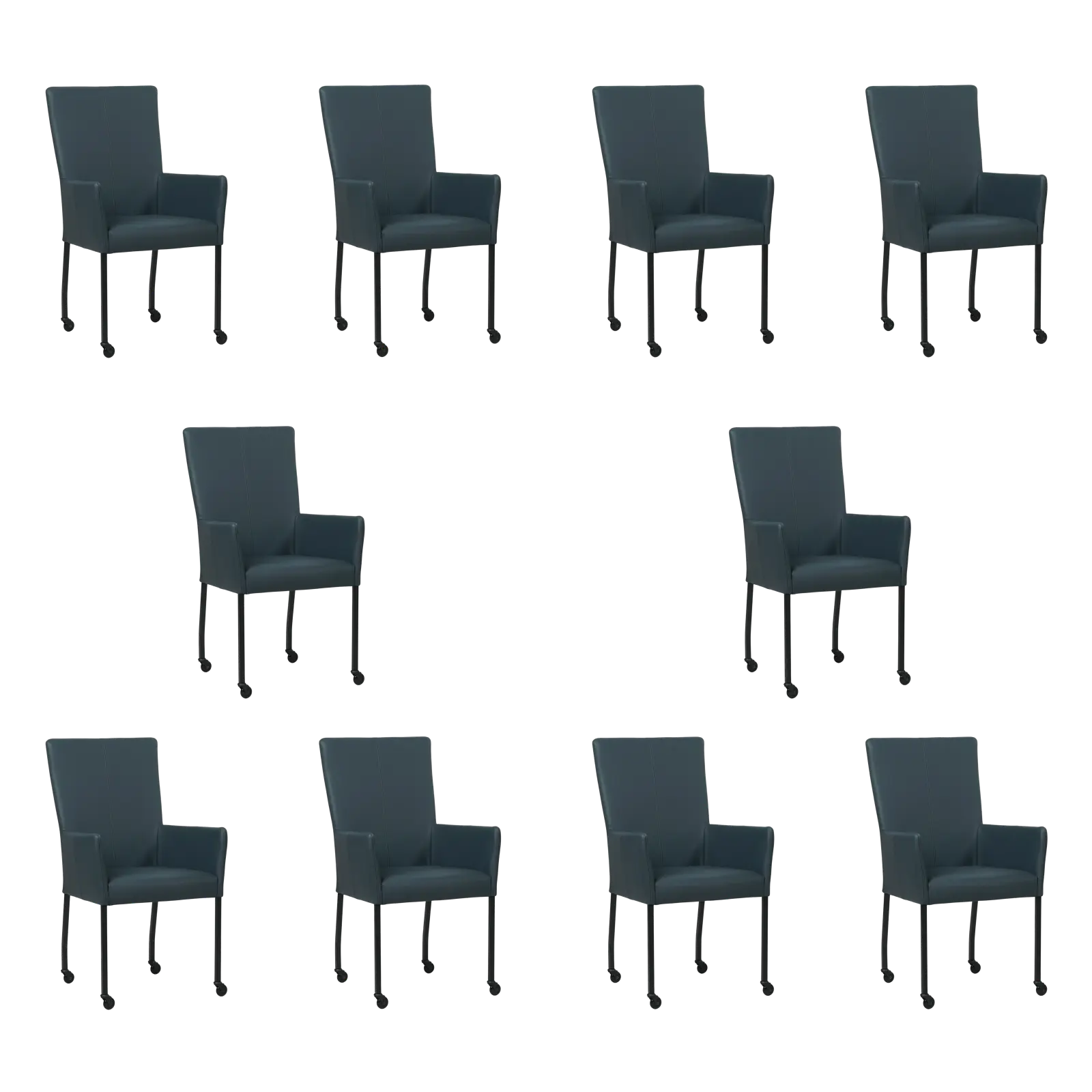 afbeelding van Set van 10 Leren eetkamerstoelen Deal met armleuning - Toledo Marine (blauw) - Poten staal vierkant zwart