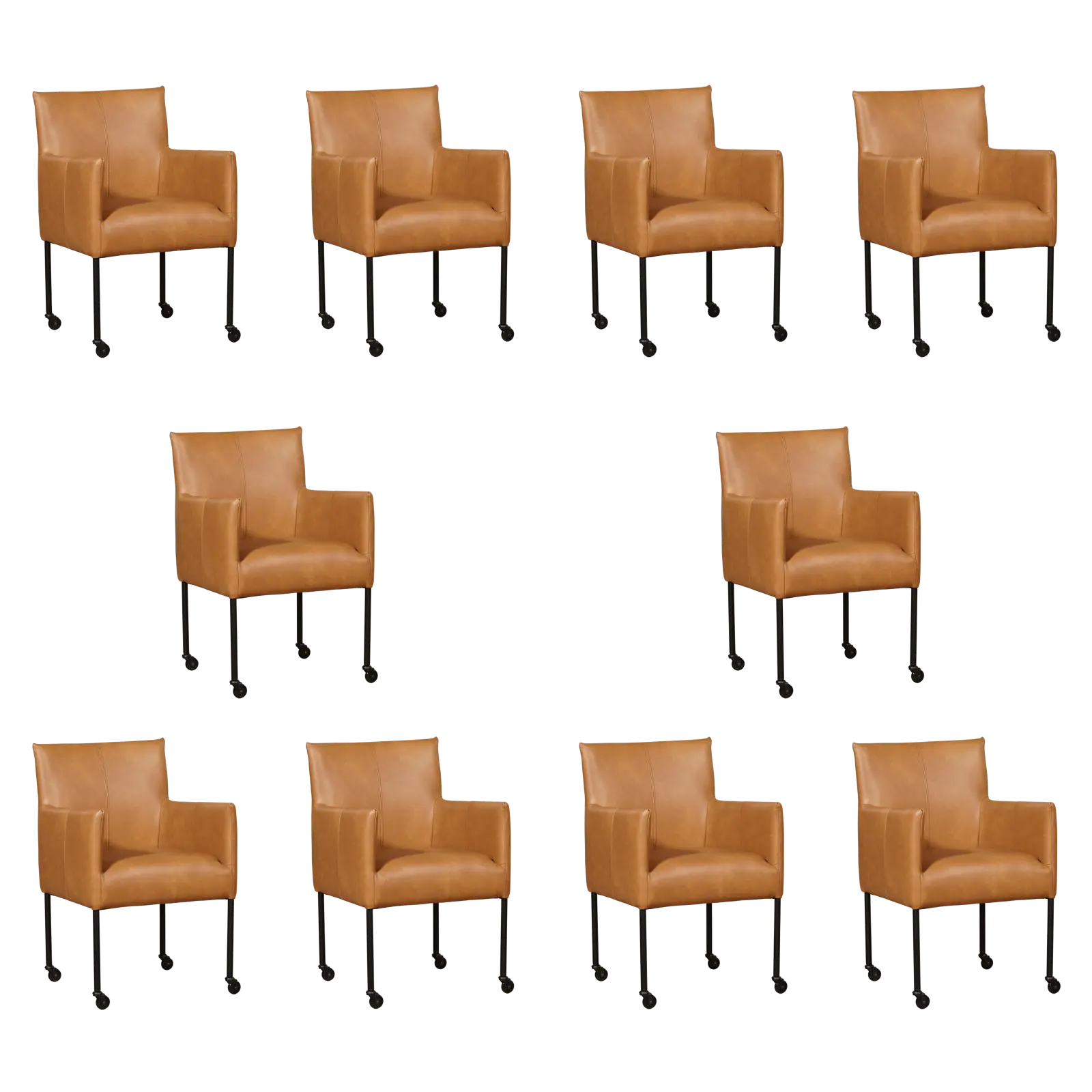 afbeelding van Set van 10 Leren eetkamerstoelen Desire - Granada Sahara (cognac) - Poten staal rond zwart