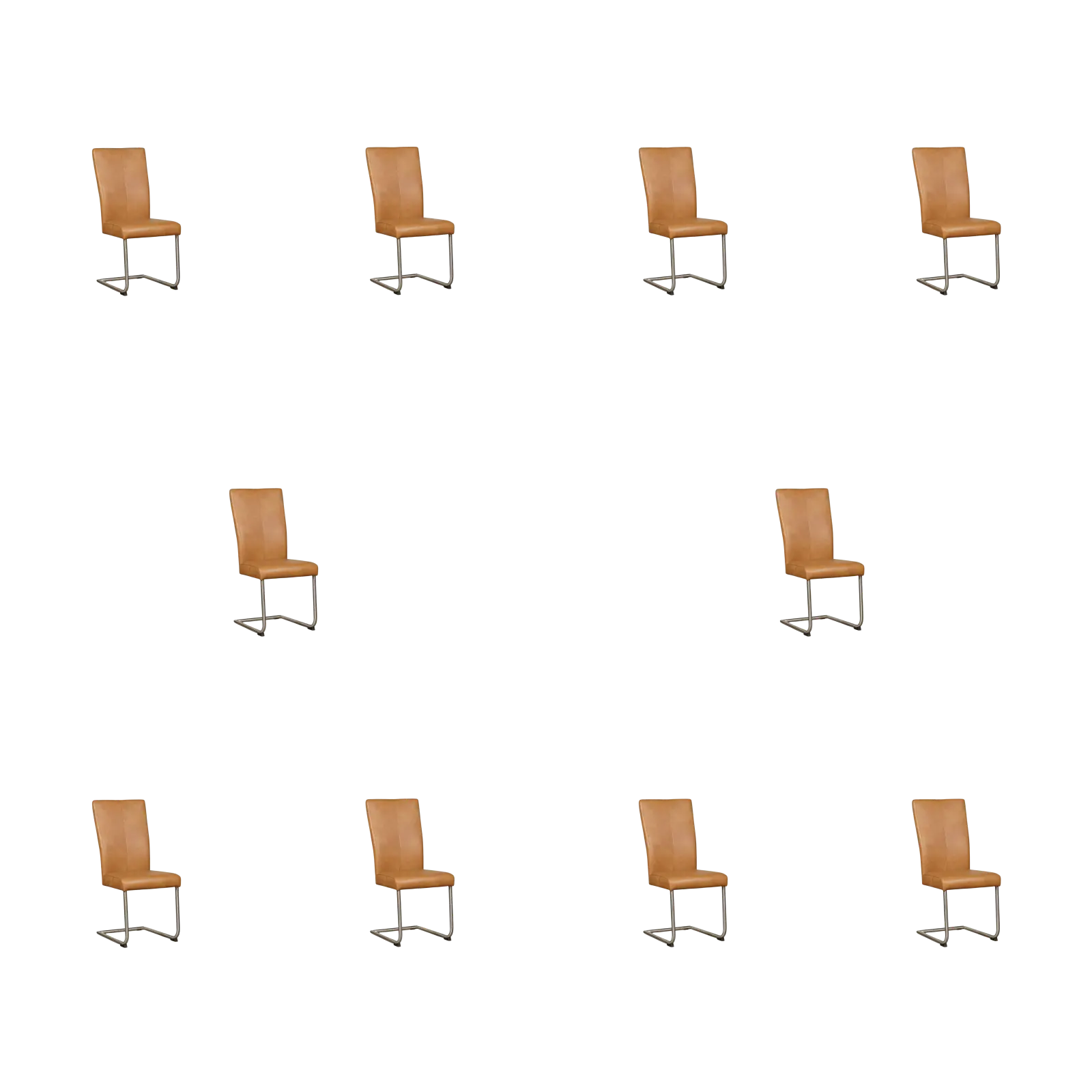 afbeelding van Set van 10 Leren eetkamerstoelen Dry - Granada Sahara (cognac) - Sledepoot staal rond RVS