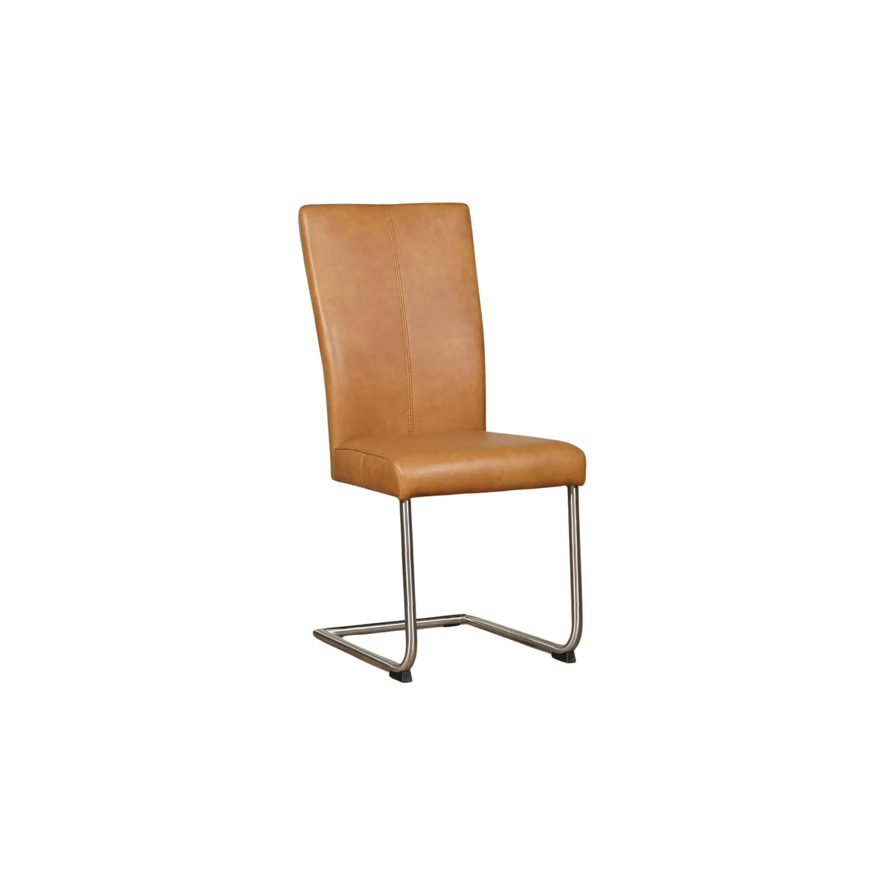 afbeelding van Set van 10 Leren eetkamerstoelen Dry - Granada Sahara (cognac) - Sledepoot staal rond RVS