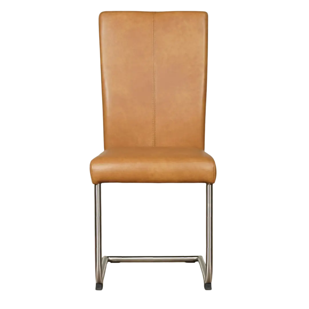 afbeelding van Set van 10 Leren eetkamerstoelen Dry - Granada Sahara (cognac) - Sledepoot staal rond RVS
