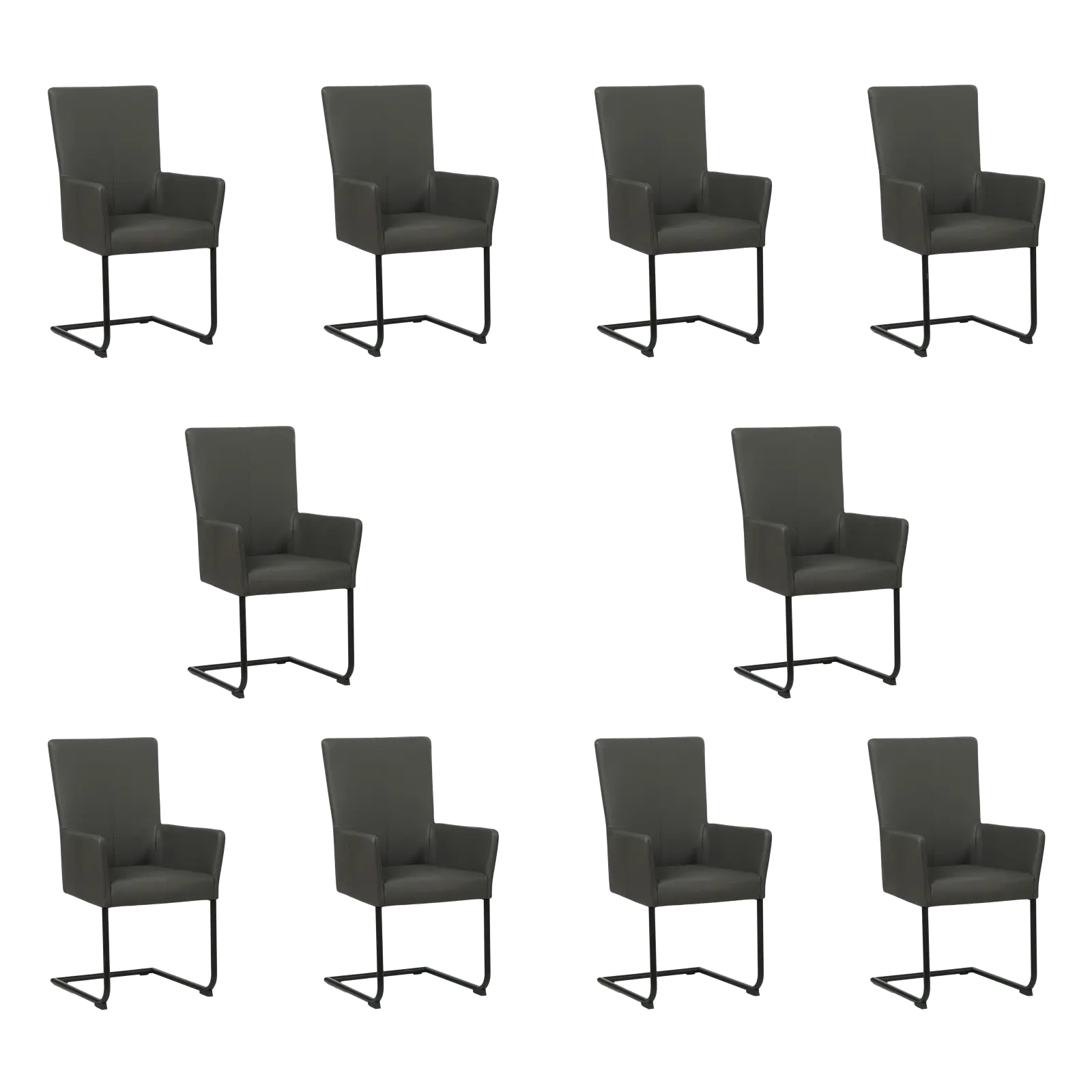 afbeelding van Set van 10 Leren eetkamerstoelen Dry met armleuning - Hermes Antracite (donkergrijs) - Sledepoot staal rond zwart