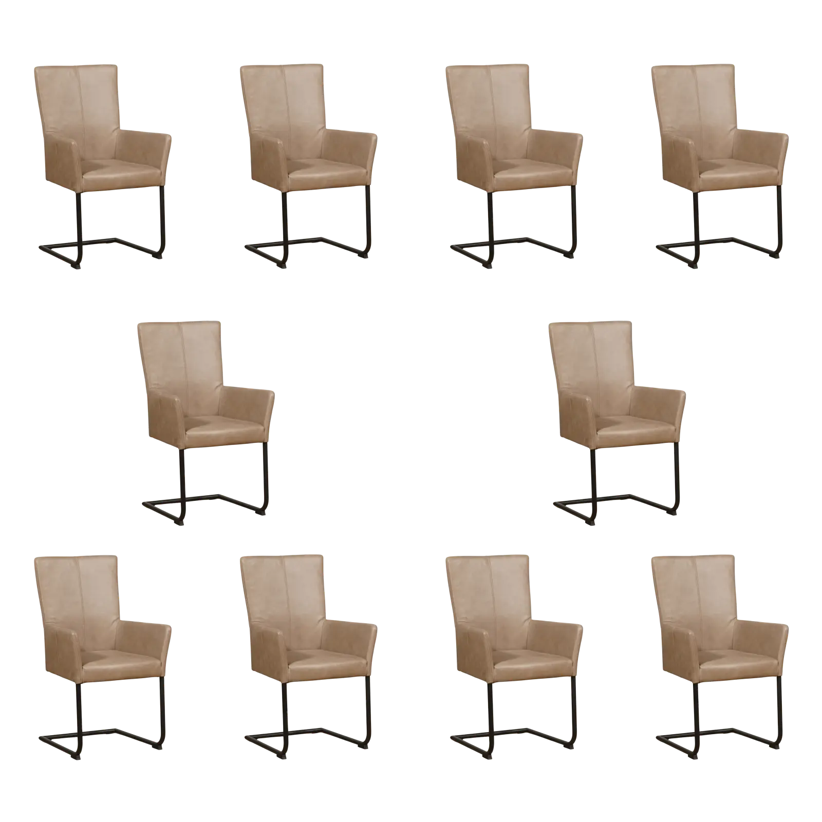 afbeelding van Set van 10 Leren eetkamerstoelen Dry met armleuning - Vintage Taupe (taupe/bruin) - Sledepoot staal rond zwart