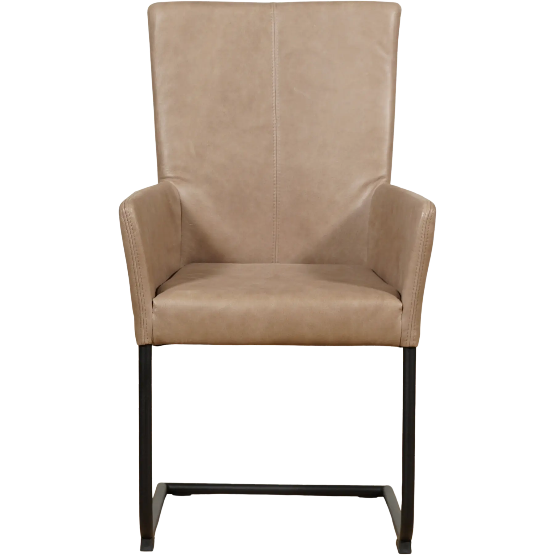 afbeelding van Set van 10 Leren eetkamerstoelen Dry met armleuning - Vintage Taupe (taupe/bruin) - Sledepoot staal rond zwart