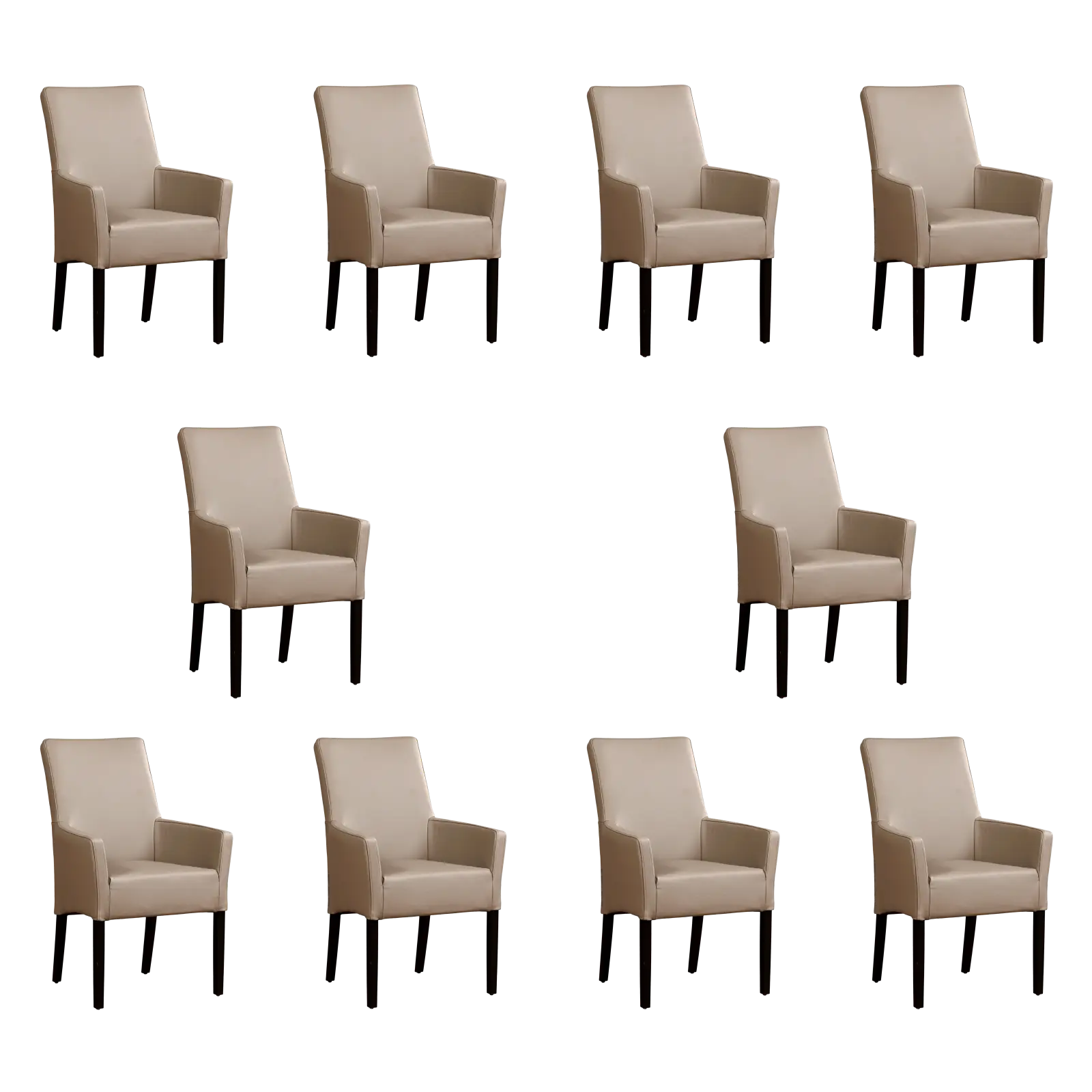 afbeelding van Set van 10 Leren eetkamerstoelen Just met armleuning - Toledo Khaki (taupe/bruin) - Poten hout zwart