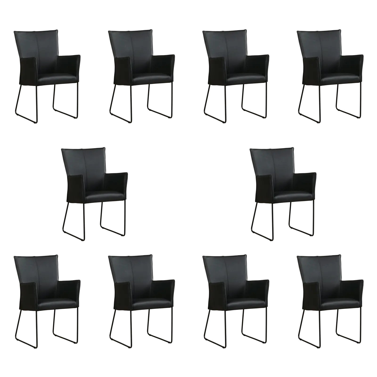 afbeelding van Set van 10 Leren eetkamerstoelen Mate met armleuning - Hermes Nero (zwart) - U-poot staal rond zwart