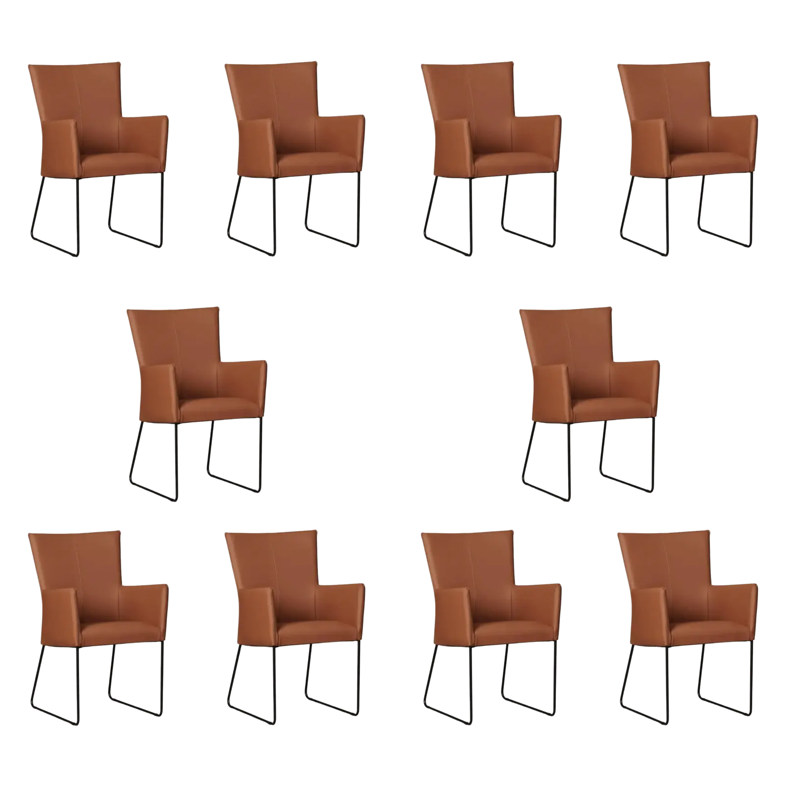afbeelding van Set van 10 Leren eetkamerstoelen Mate met armleuning - Toledo Natur (cognac) - U-poot staal rond zwart