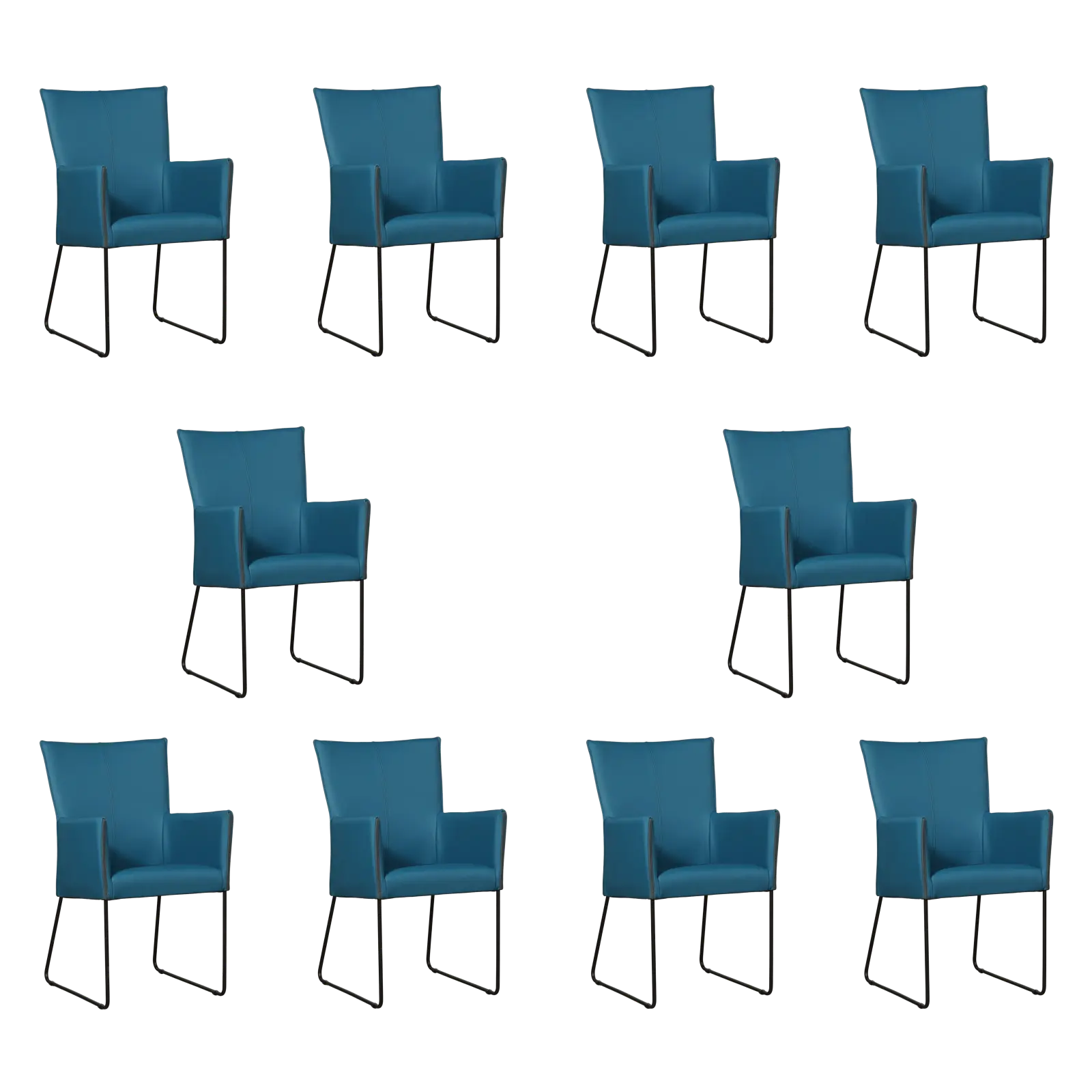 afbeelding van Set van 10 Leren eetkamerstoelen Mate met armleuning - Toledo Turquoise (blauw) - U-poot staal rond zwart