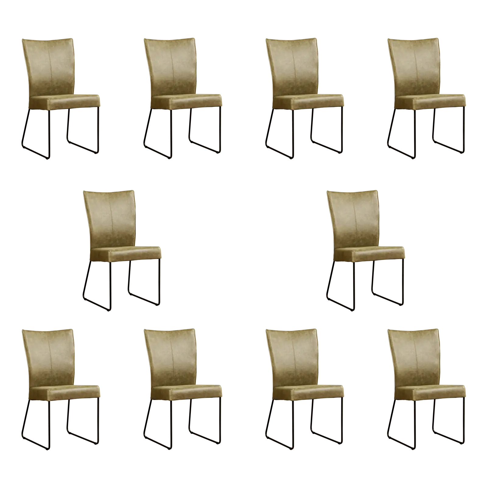 afbeelding van Set van 10 Leren eetkamerstoelen Mate - Vintage Olive (olijf/groen) - U-poot staal rond zwart