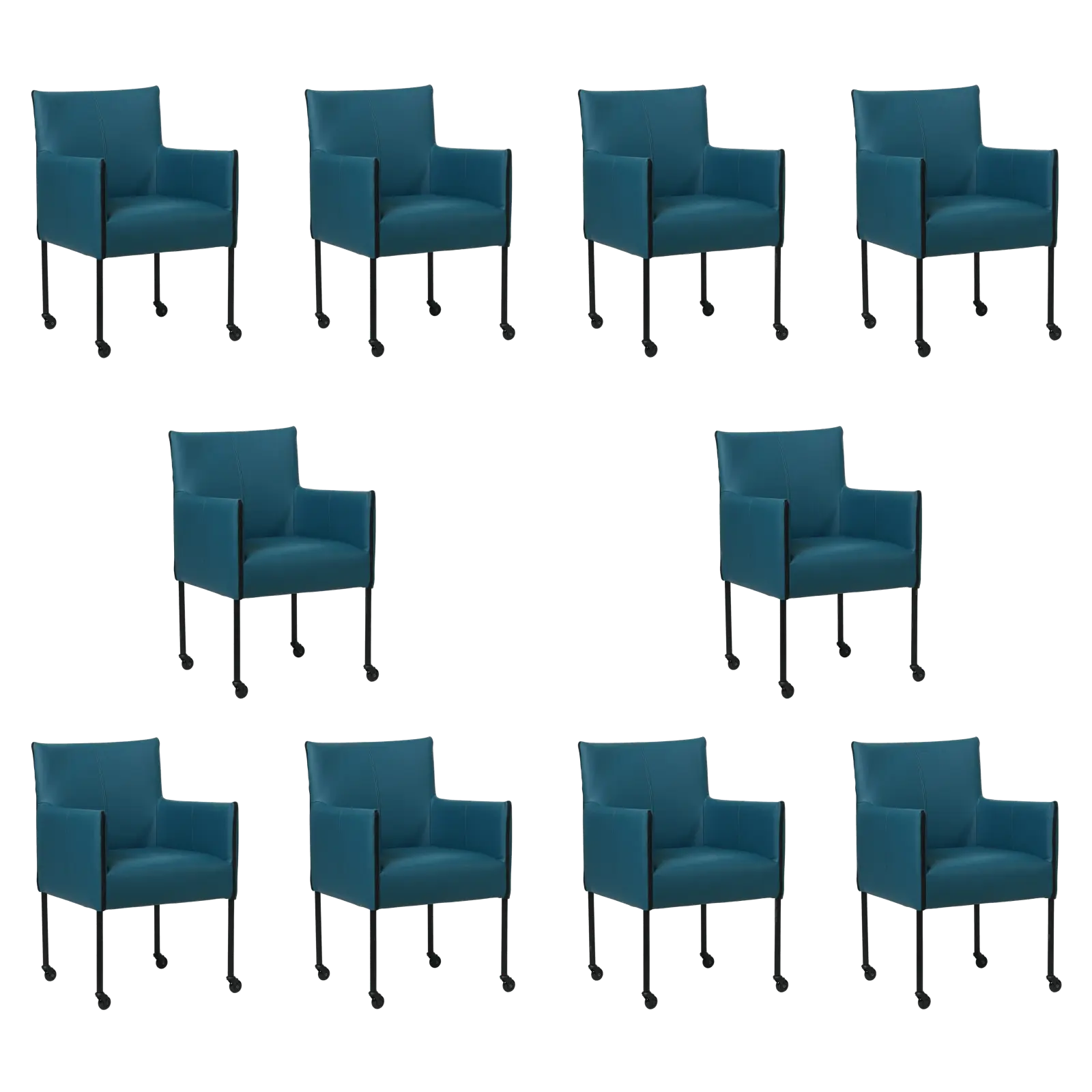 afbeelding van Set van 10 Leren eetkamerstoelen More - Hermes Turquoise (blauw) - Poten staal rond zwart
