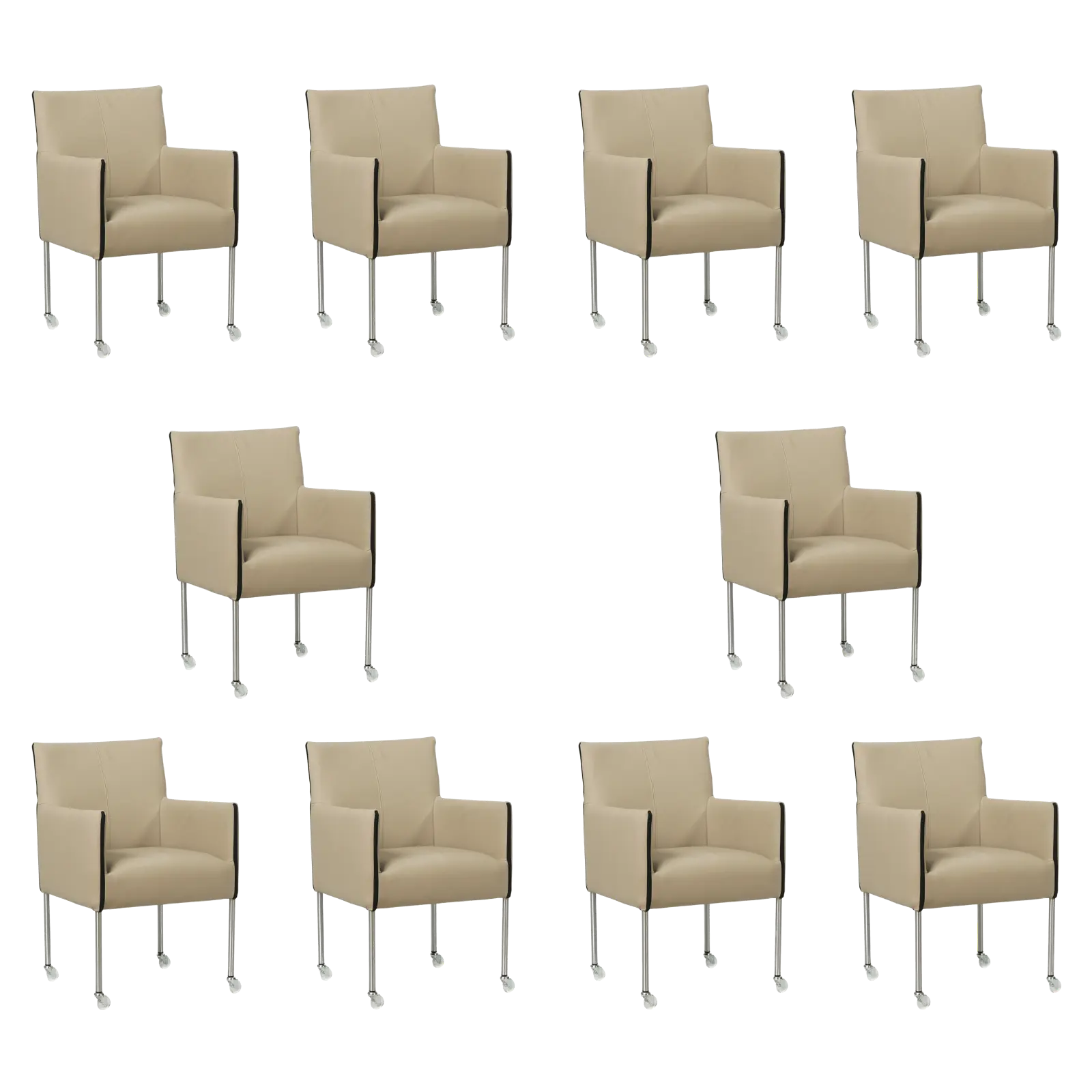 afbeelding van Set van 10 Leren eetkamerstoelen More - Toledo Mastic (taupe/bruin) - Poten staal rond RVS