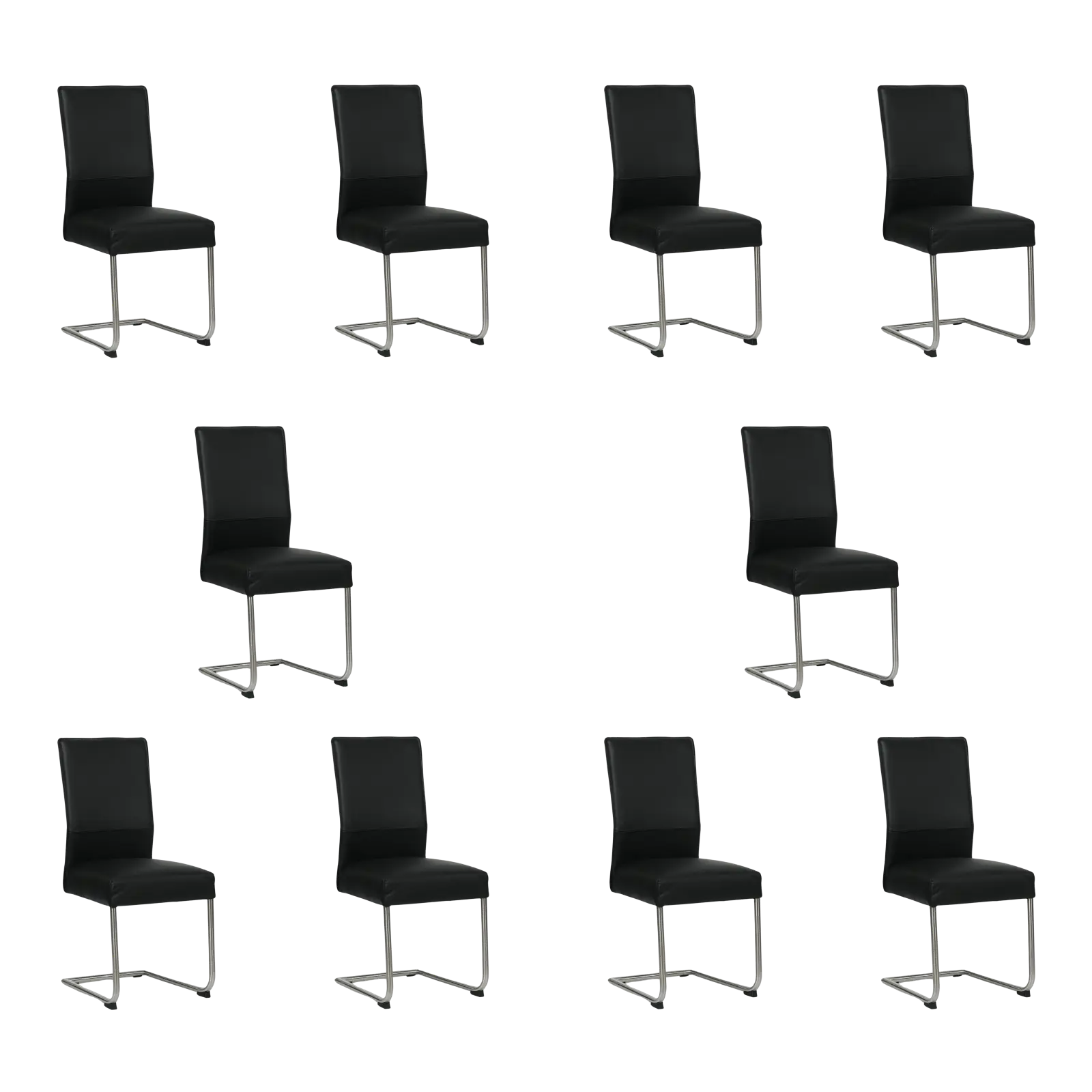 afbeelding van Set van 10 Leren eetkamerstoelen Piece - Hermes Nero (zwart) - Sledepoot staal rond RVS