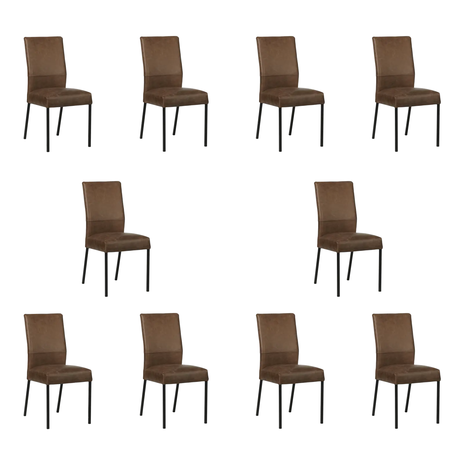 afbeelding van Set van 10 Leren eetkamerstoelen Real - Vintage Brown (bruin) - Poten staal vierkant zwart
