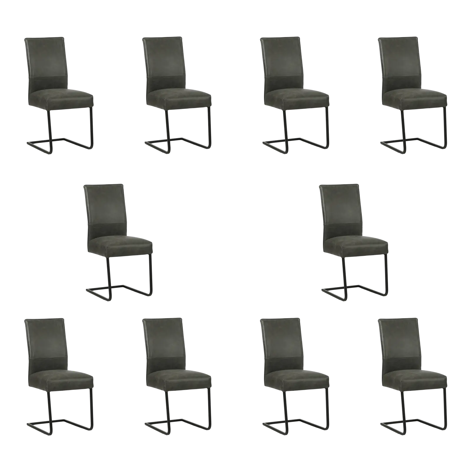 afbeelding van Set van 10 Leren eetkamerstoelen Remix - Vintage Grey (grijs) - Sledepoot staal vierkant zwart